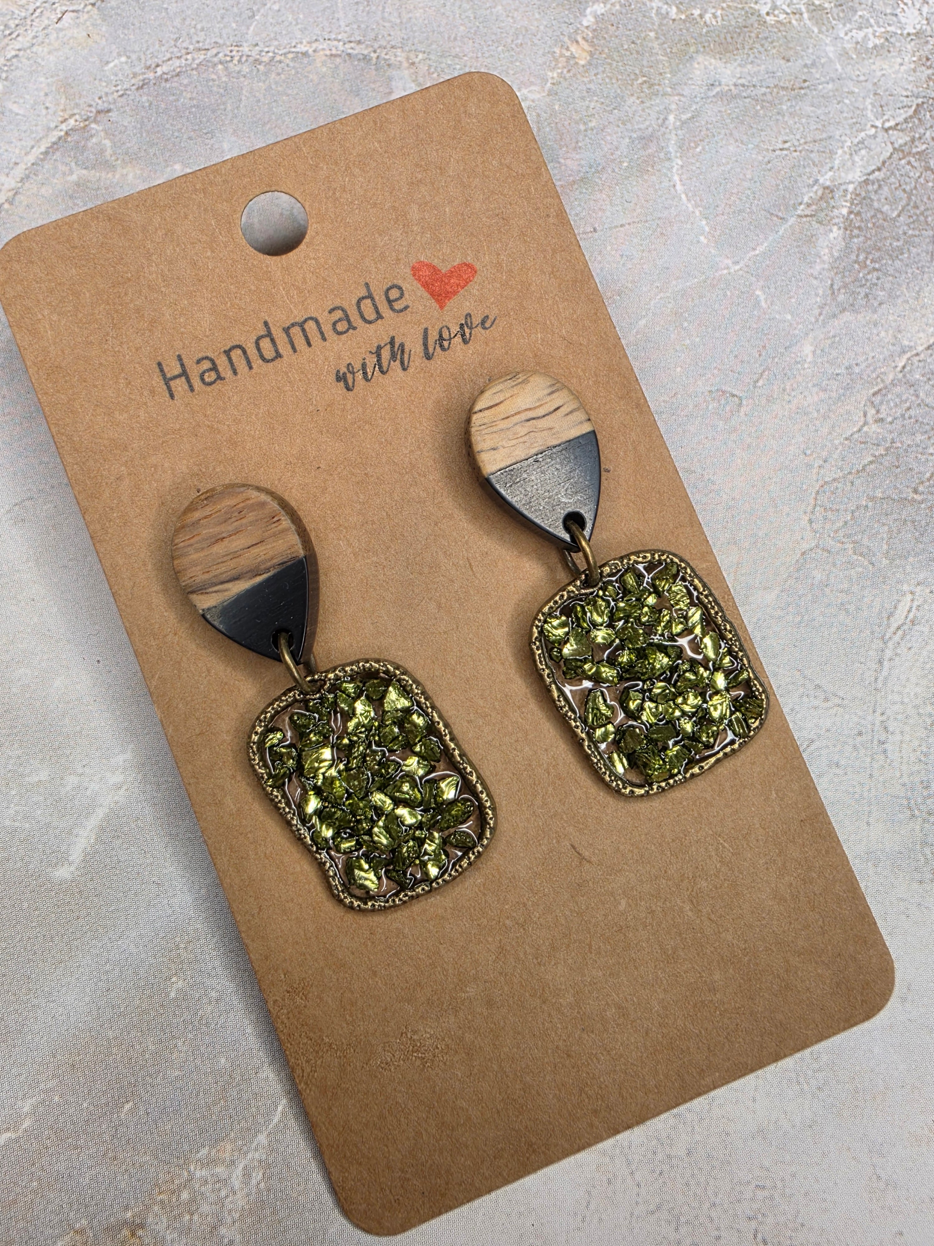 Green Crushed Glass & Wood Resin Drop Earrings