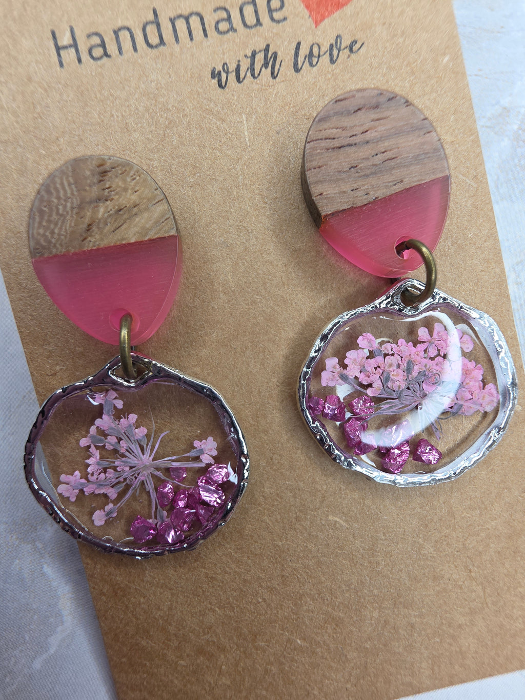 Pink Pressed Flower & Wood Dangle Earrings