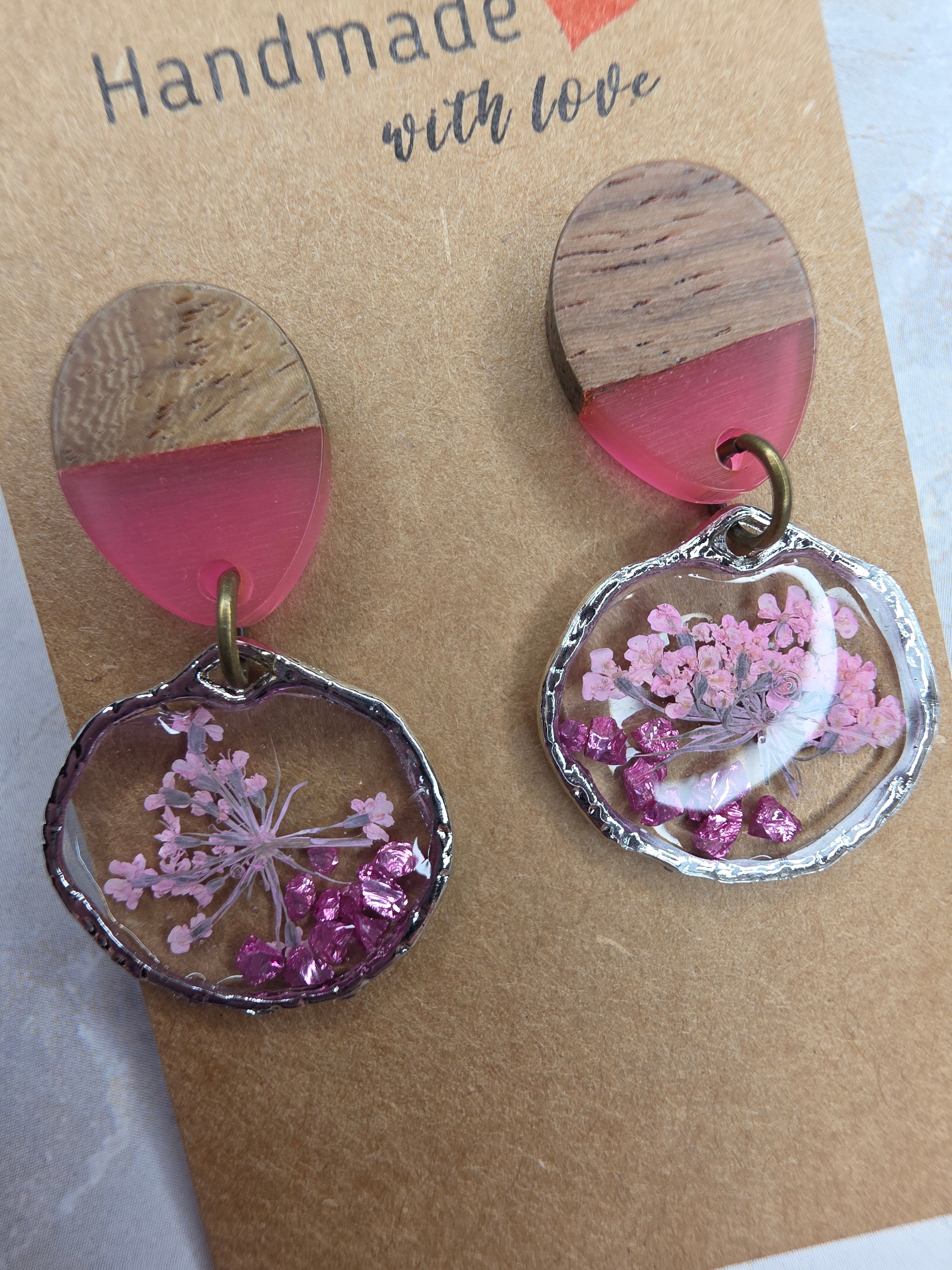 Pink Pressed Flower & Wood Dangle Earrings