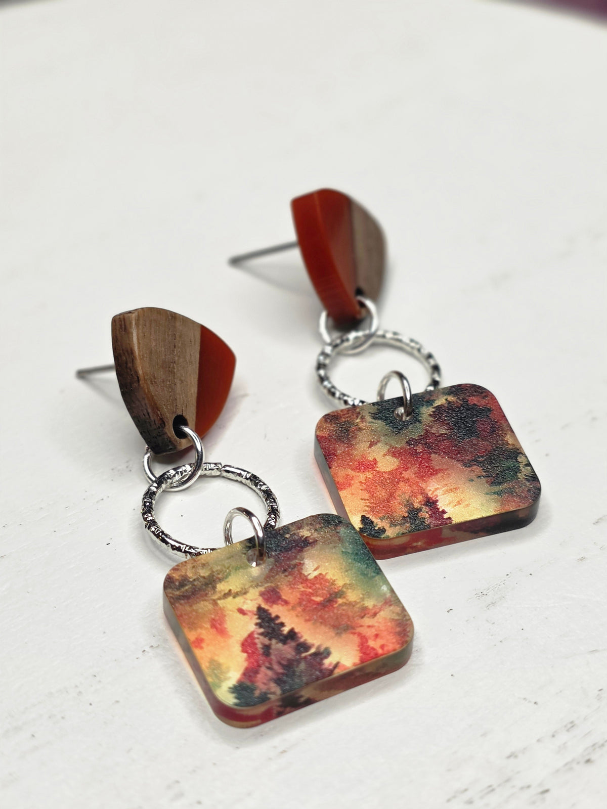 Autumn Forest Wood & Resin Dangle Earrings