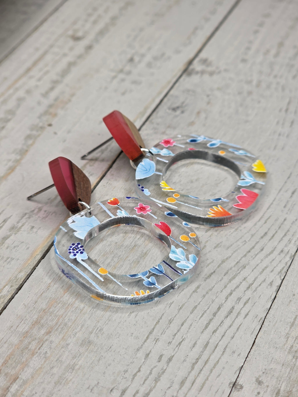 Floral Acrylic & Wood Hoop Earrings
