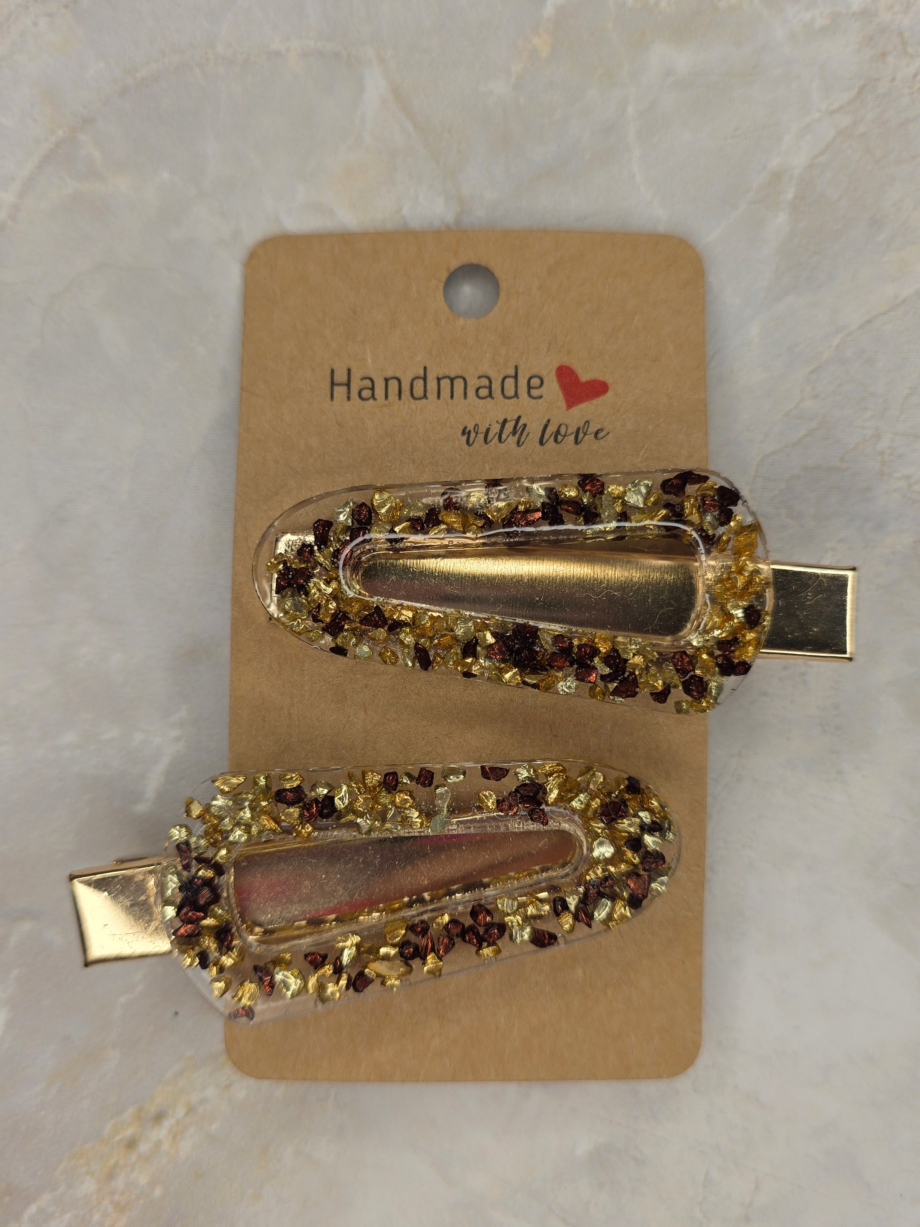 Handmade Resin Hair Clips – Gold & Brown (Set of 2)