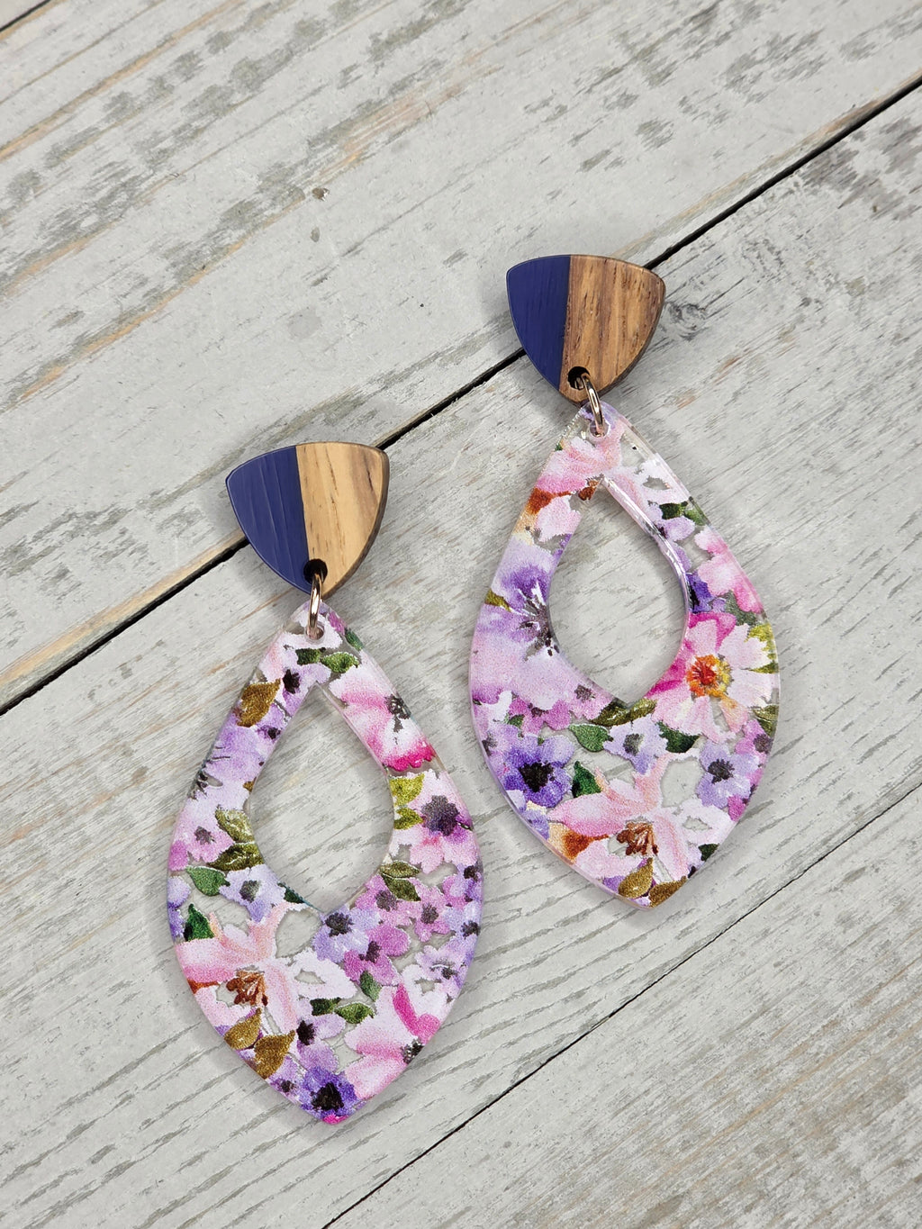Garden Floral Acrylic & Wood Dangle Earrings