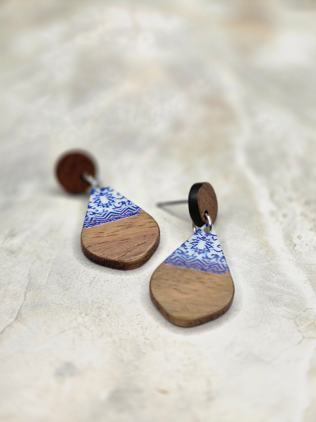 Blue Floral Wood & Resin Teardrop Earrings