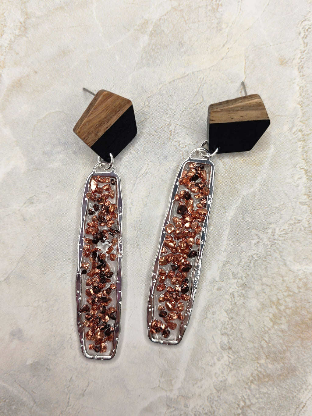 Wood & Copper Chip Resin Dangle Earrings
