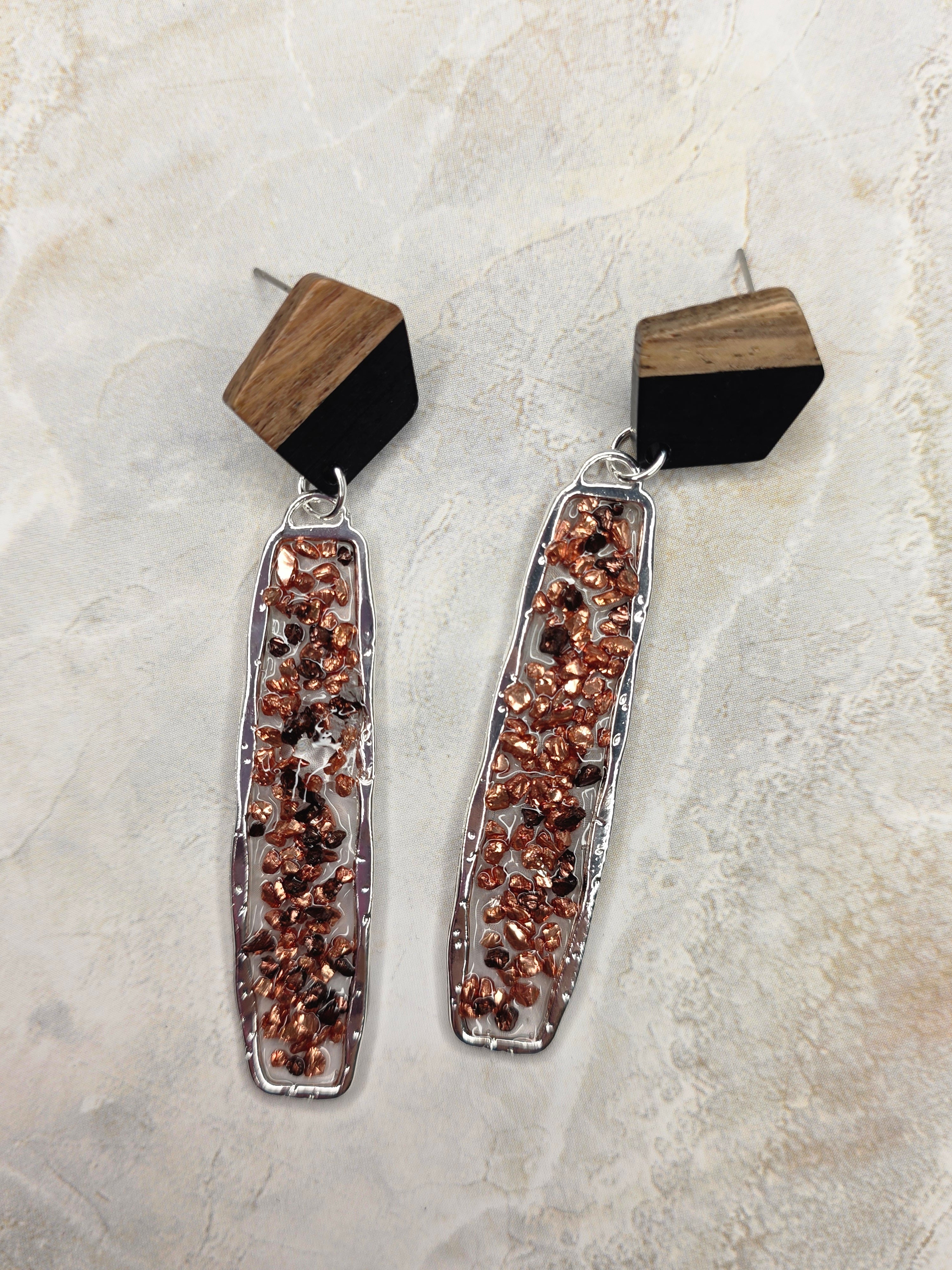 Wood & Copper Chip Resin Dangle Earrings