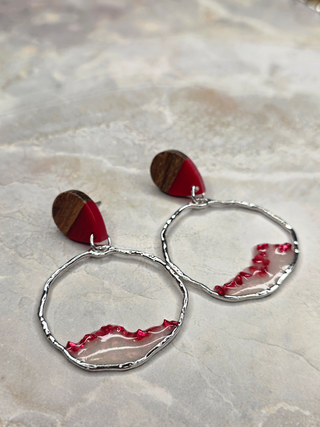 Red Resin & Wood Teardrop Stud Drop Earrings