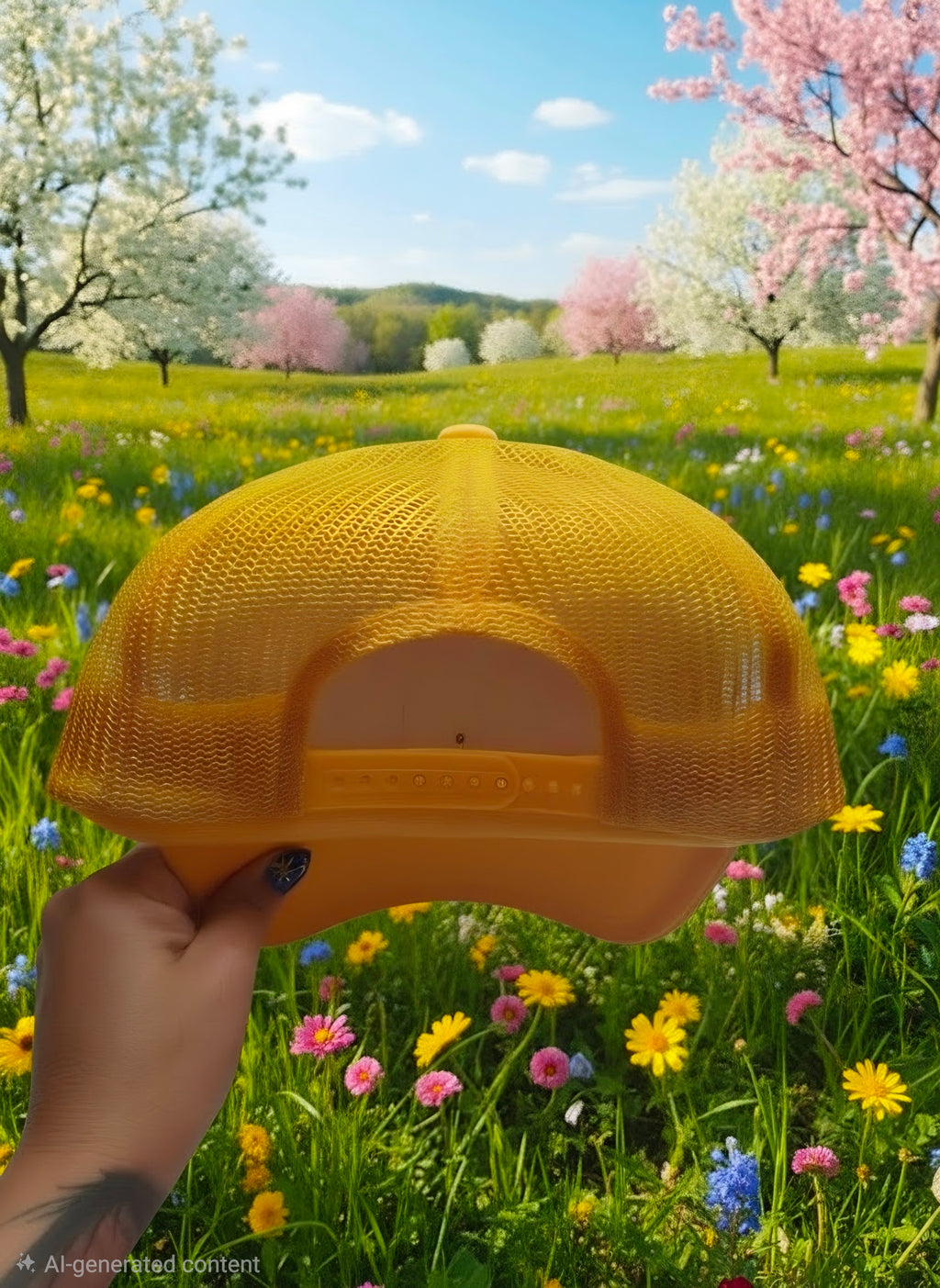 A hand holds a yellow mesh-back baseball cap in front of a vibrant, digitally-generated spring meadow with cherry blossom trees and wildflowers.