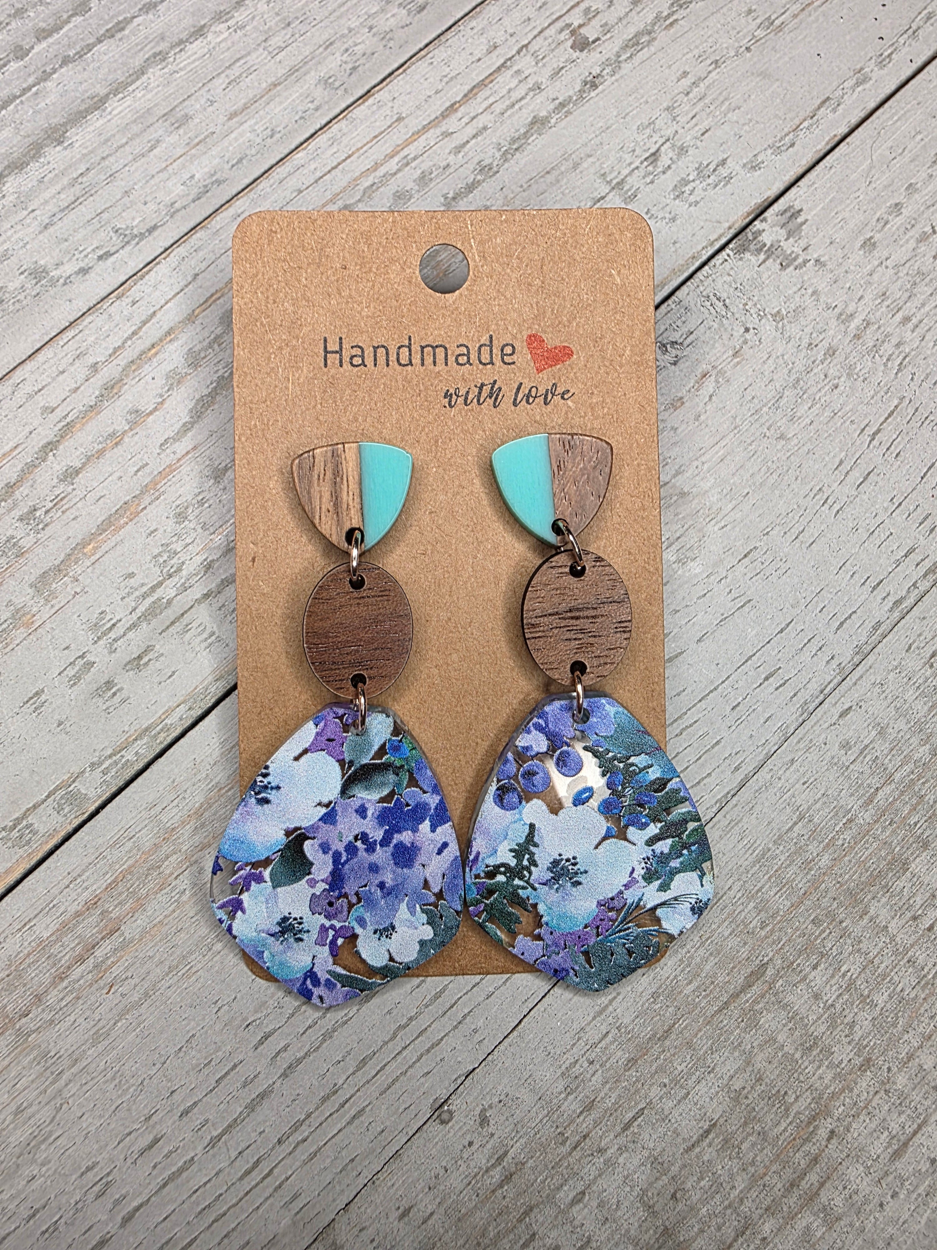 Blue Floral Acrylic & Wood Dangle Earrings