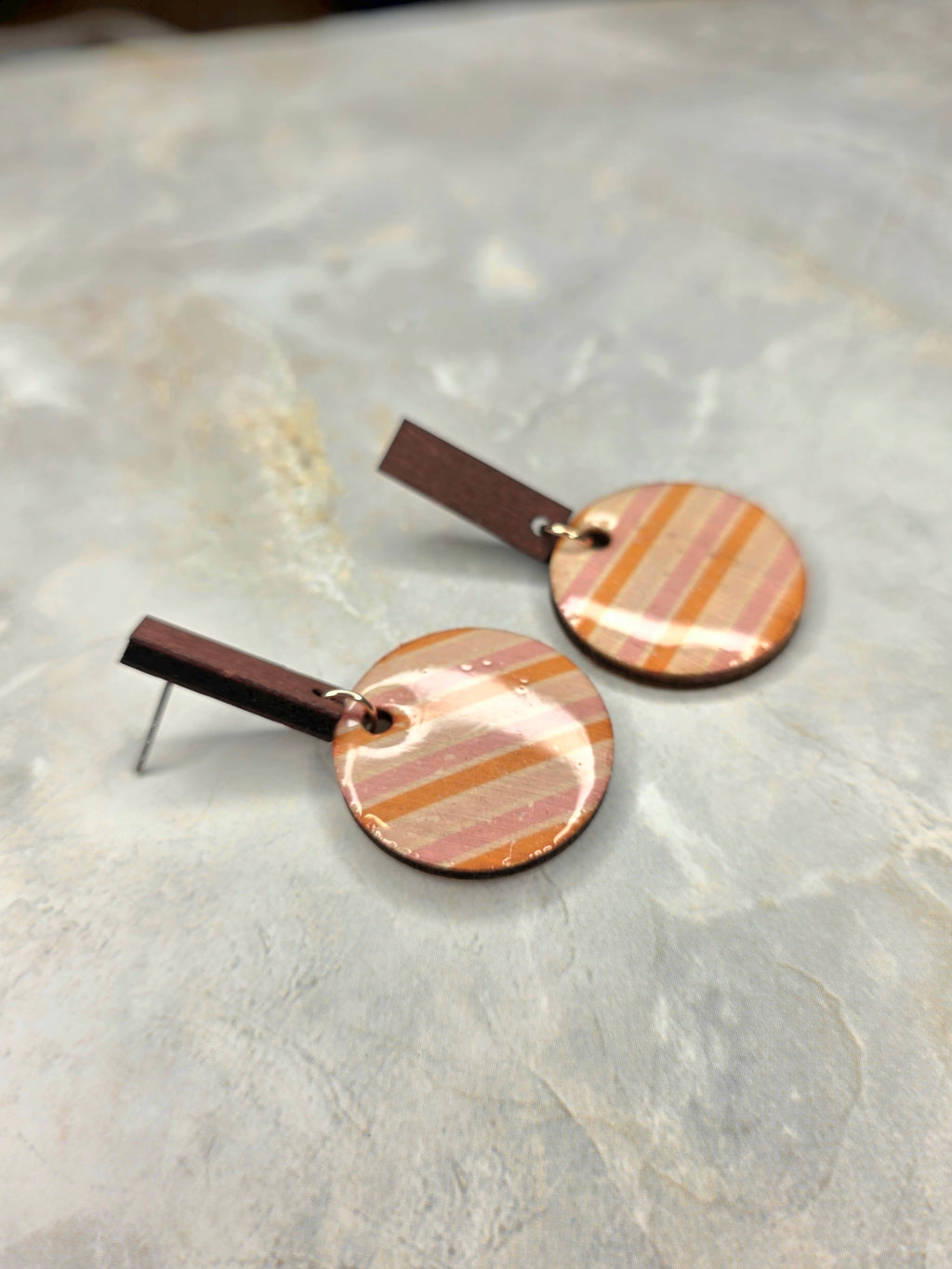 Terracotta Stripe Resin & Wood Bar Drop Earrings