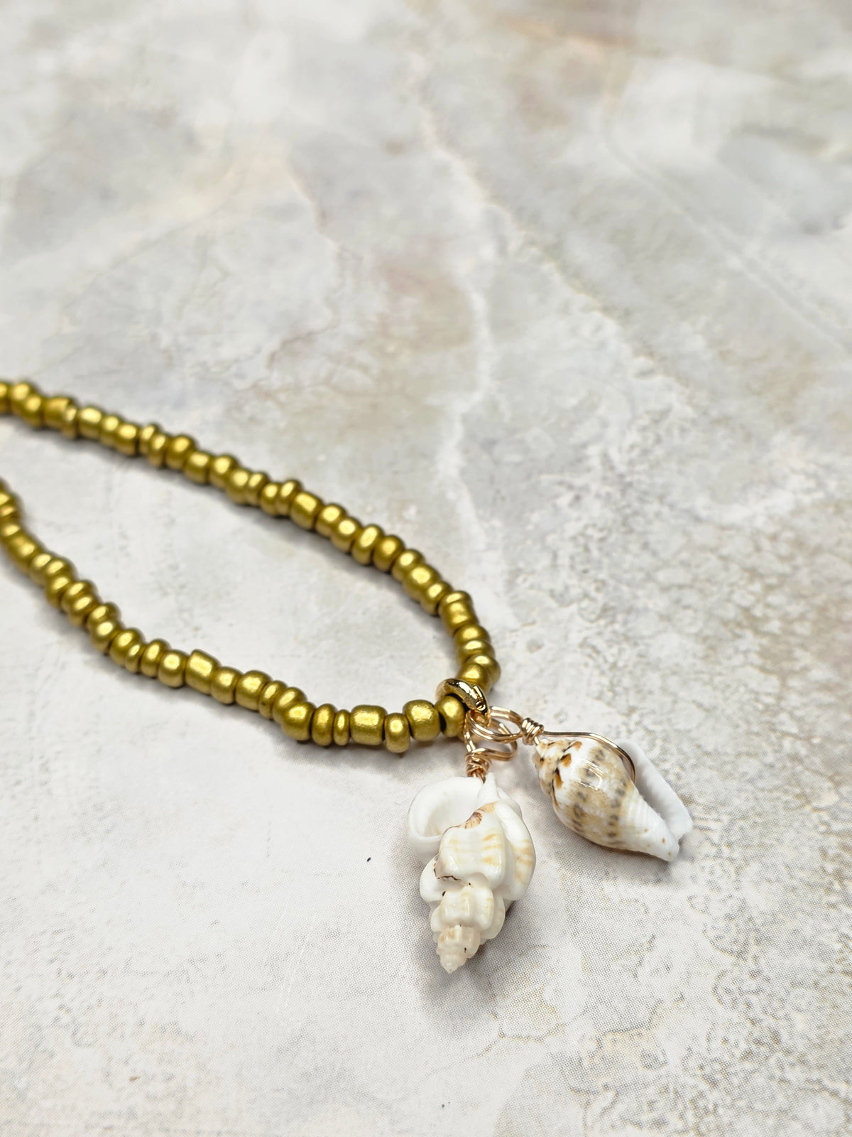 Gold Seed Bead & Wire-Wrapped Shell Charm Necklace