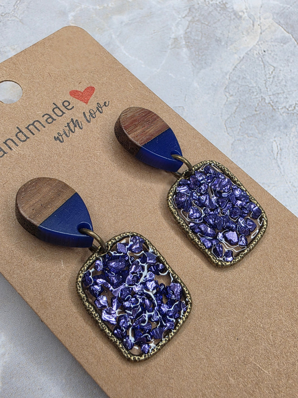 Blue Crushed Glass & Wood Drop Earrings