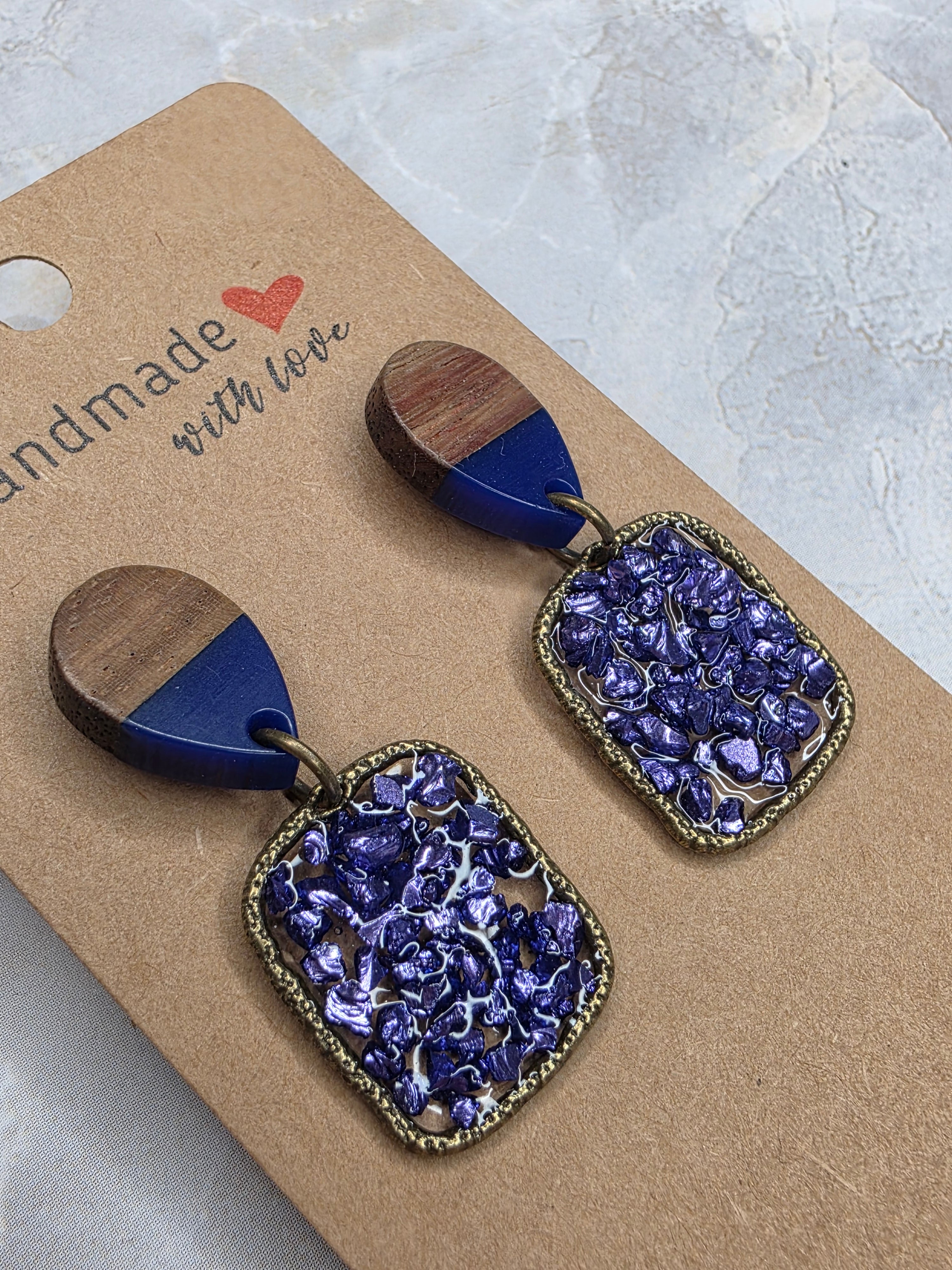 Blue Crushed Glass & Wood Drop Earrings