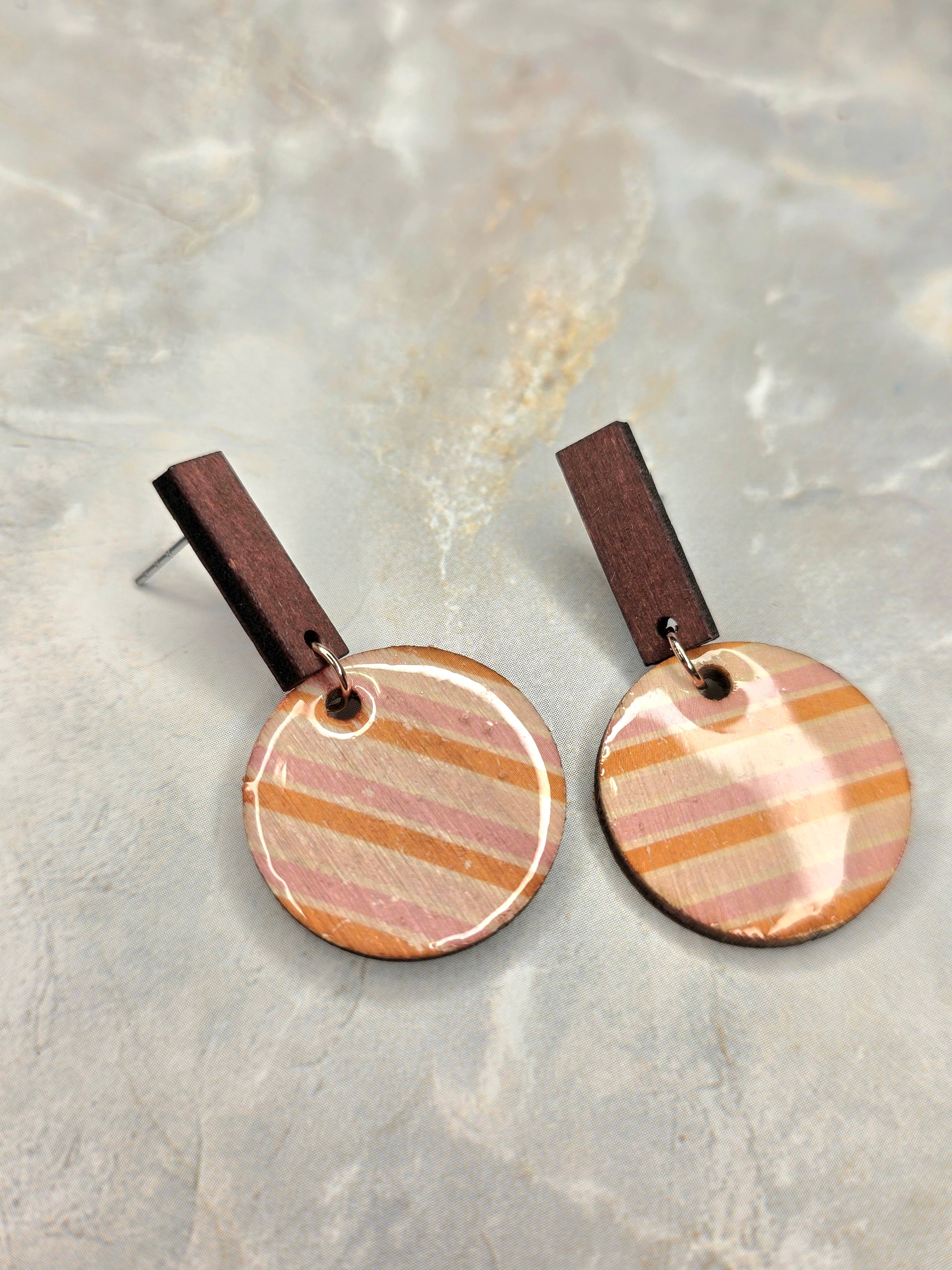 Terracotta Stripe Resin & Wood Bar Drop Earrings