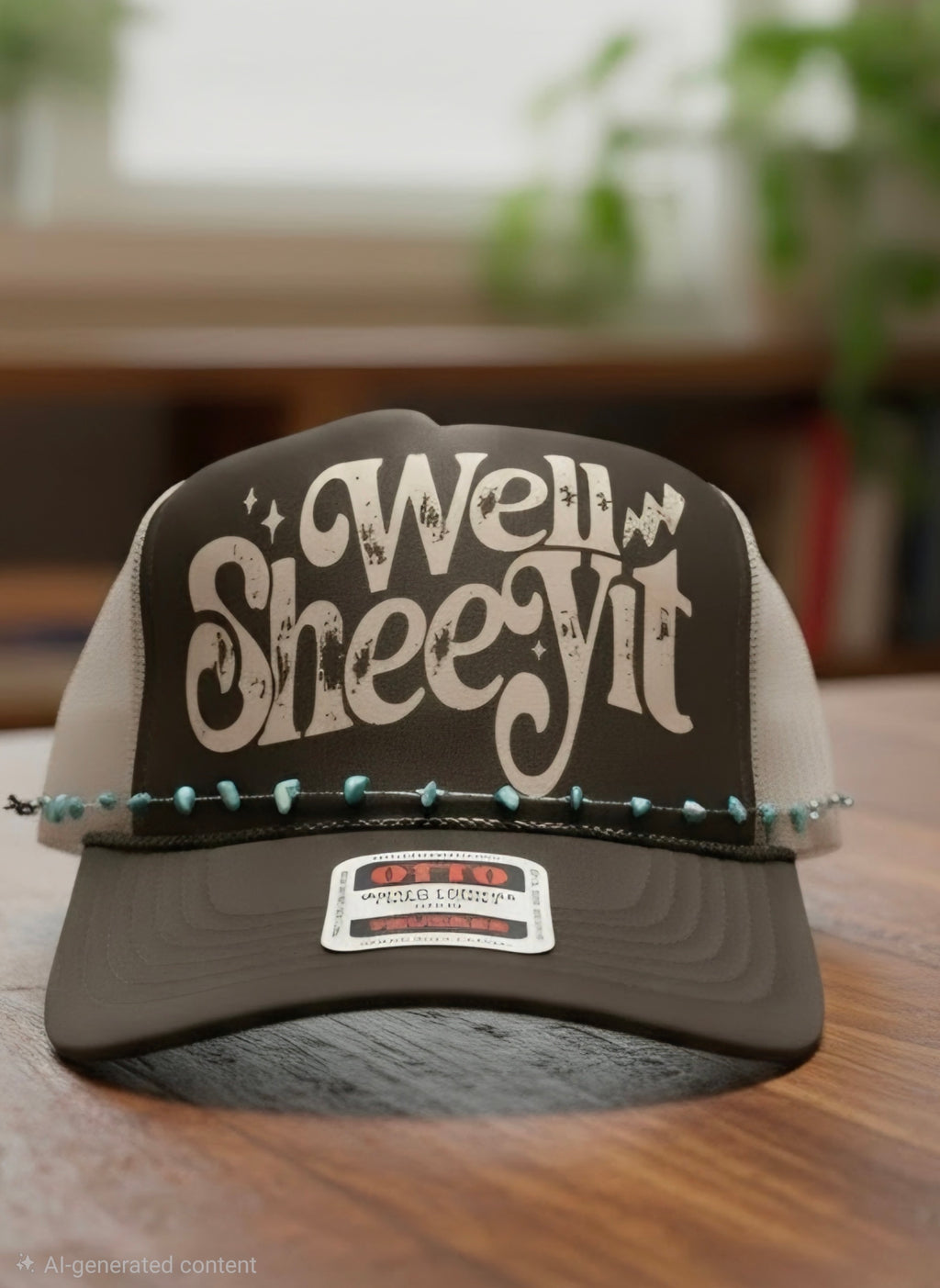 A dark brown and beige trucker hat with 'Well Sheyit' written on the front, resting on a wooden table with a blurred indoor background.