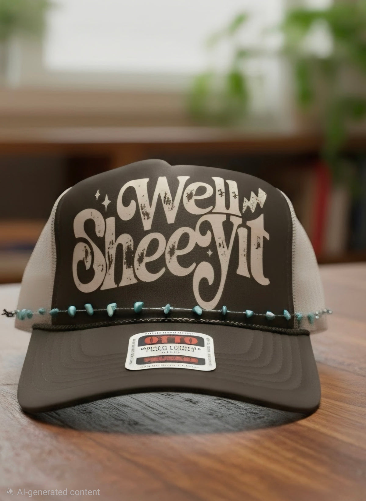 A dark brown and beige trucker hat with 'Well Sheyit' written on the front, resting on a wooden table with a blurred indoor background.