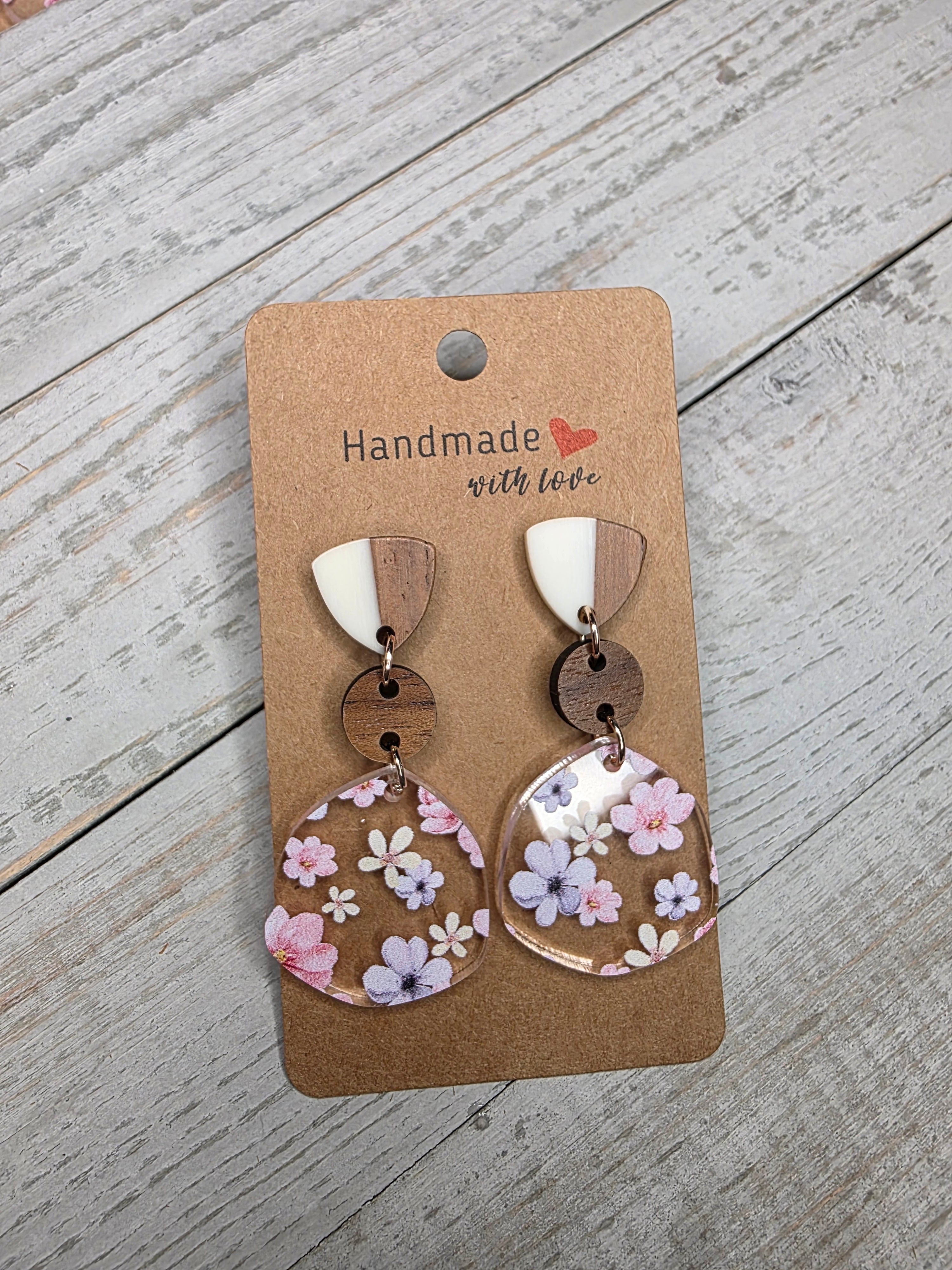 Cherry Blossom Acrylic & Wood Dangle Earrings