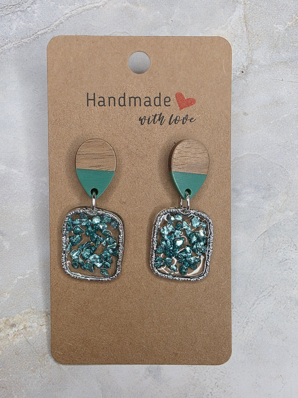 Teal Crushed Glass & Wood Resin Drop Earrings | Statement Earrings