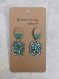 Teal Crushed Glass & Wood Resin Drop Earrings | Statement Earrings