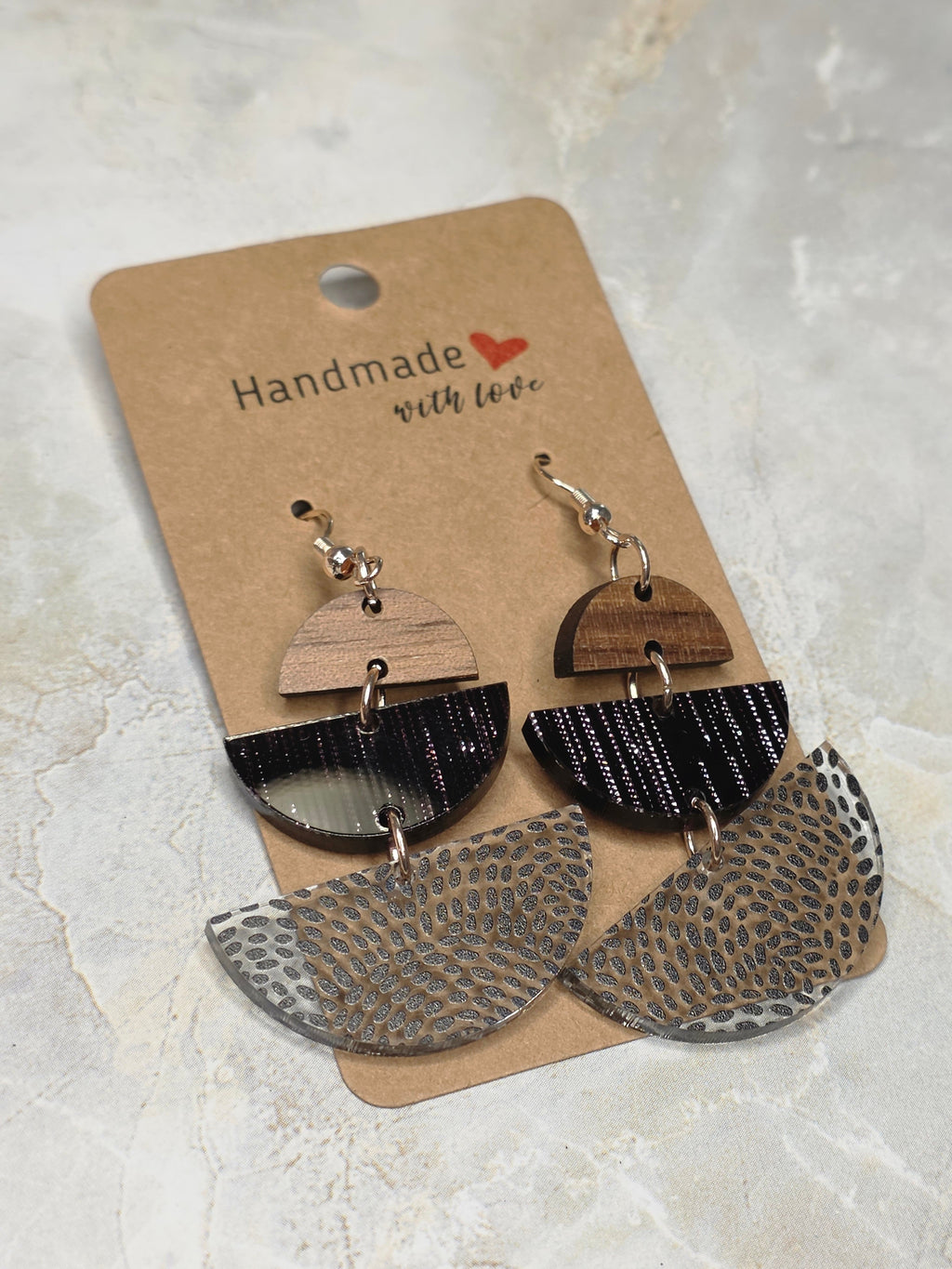 Triple Half-Moon Wood & Acrylic Dangle Earrings