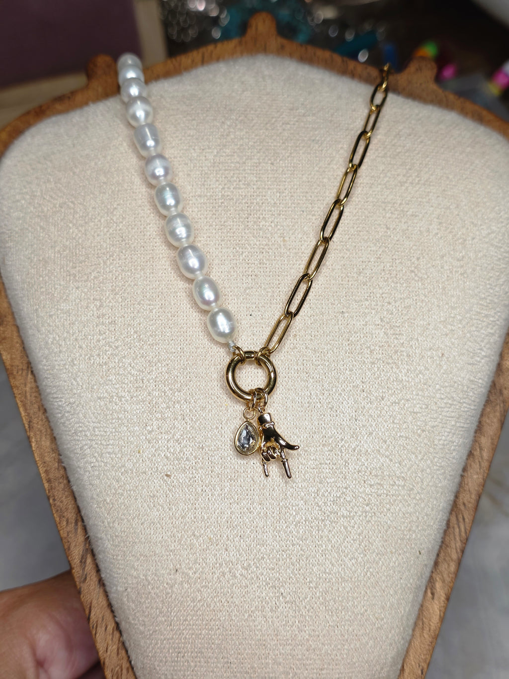 Pearl & Gold Paperclip Chain Rock On Charm Necklace