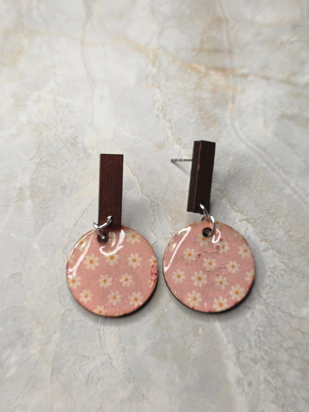 Pink Daisy Wood Dangle Earrings