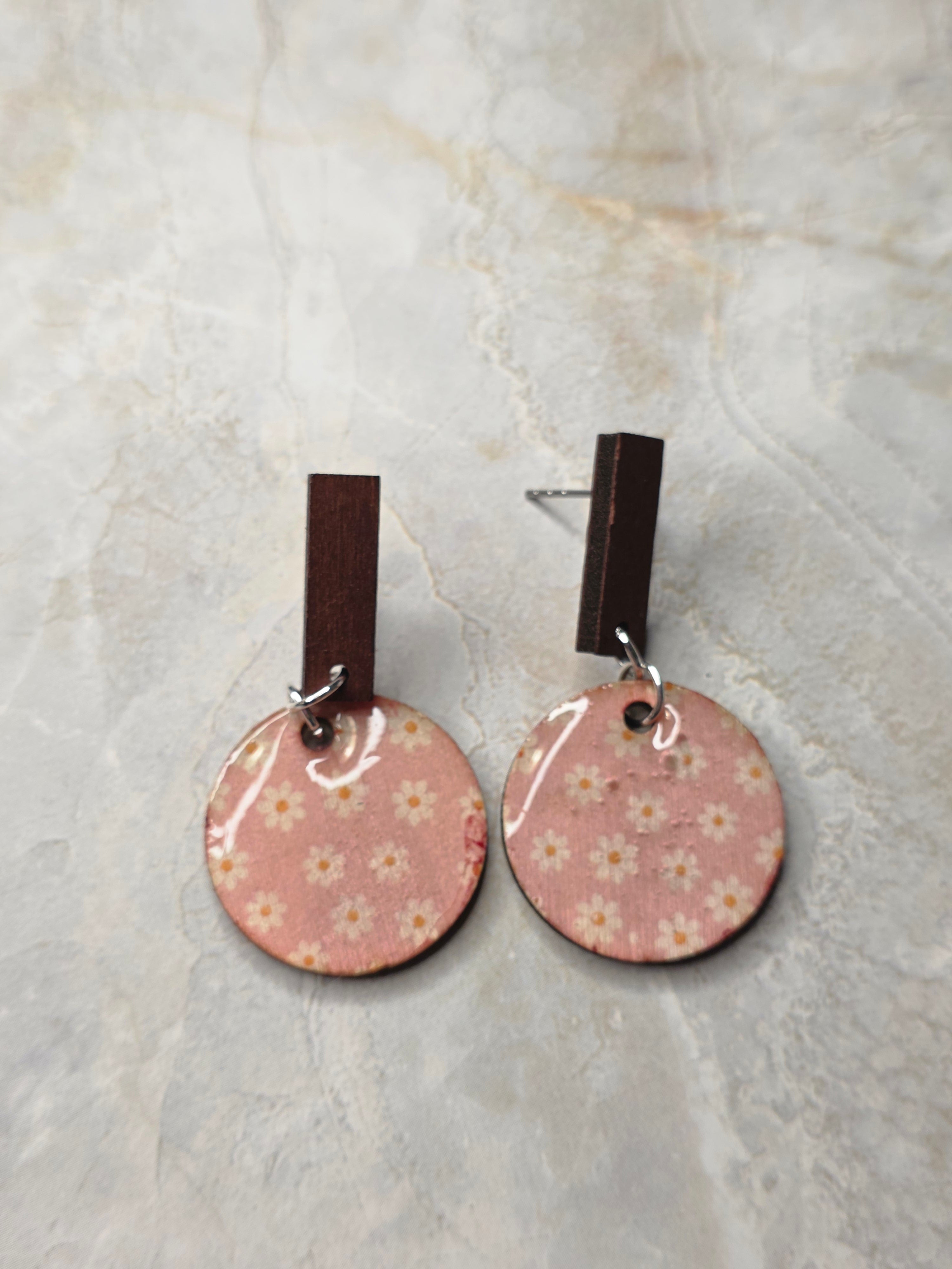 Pink Daisy Wood Dangle Earrings