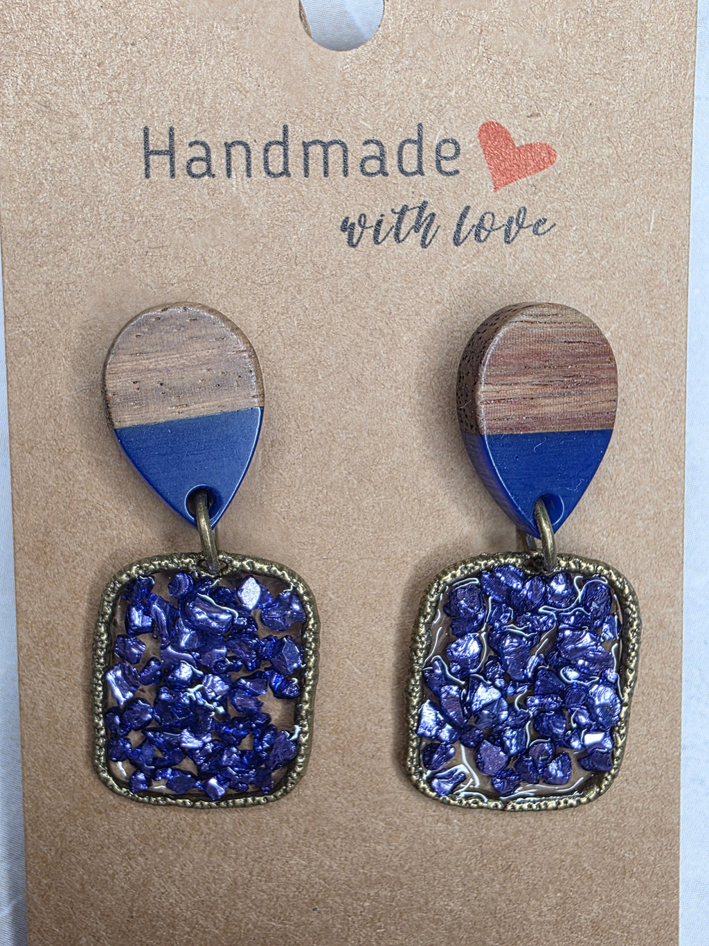 Blue Crushed Glass & Wood Drop Earrings