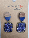 Blue Crushed Glass & Wood Drop Earrings