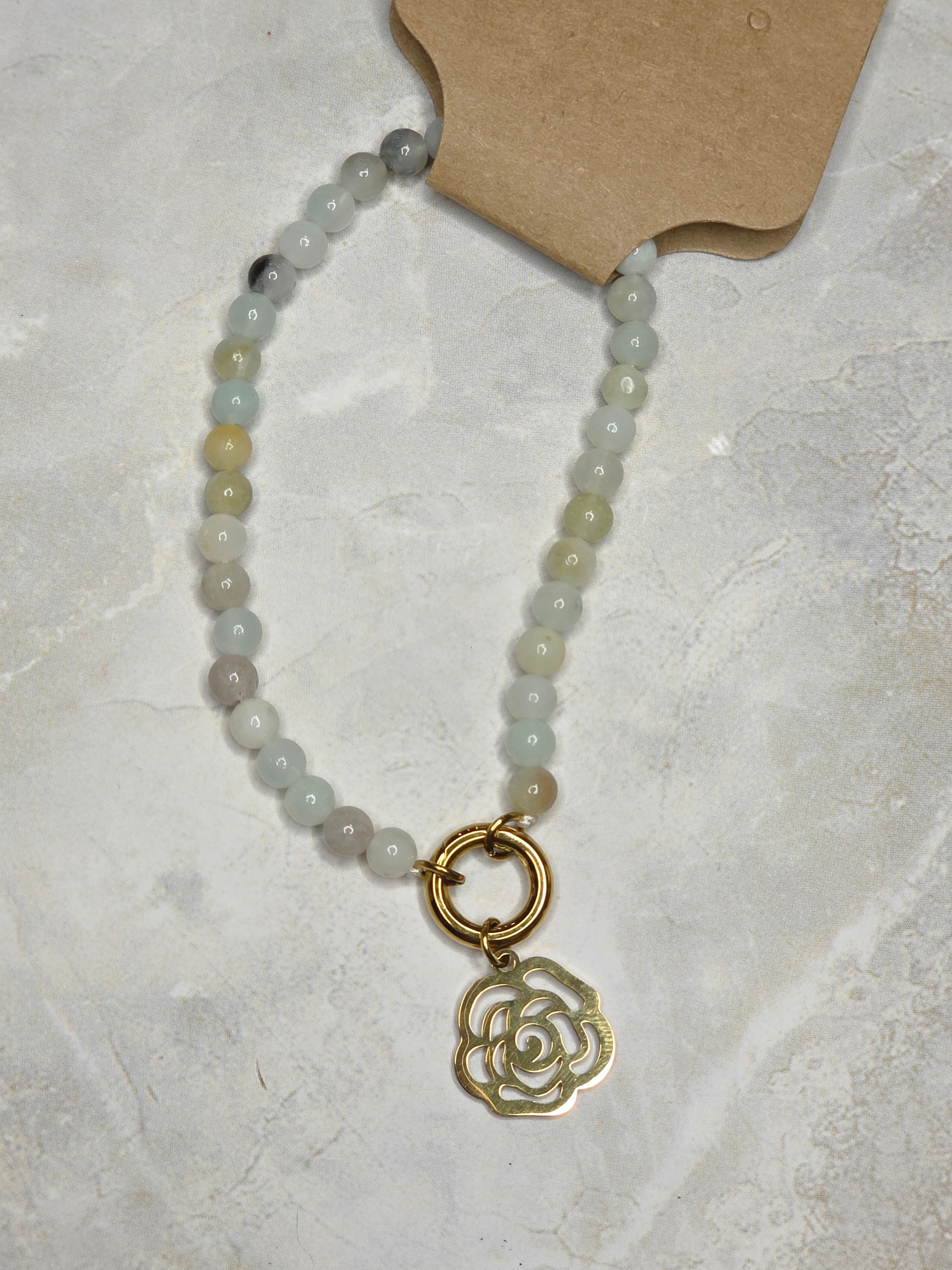 Sage Bead & Gold Rose Pendant Necklace