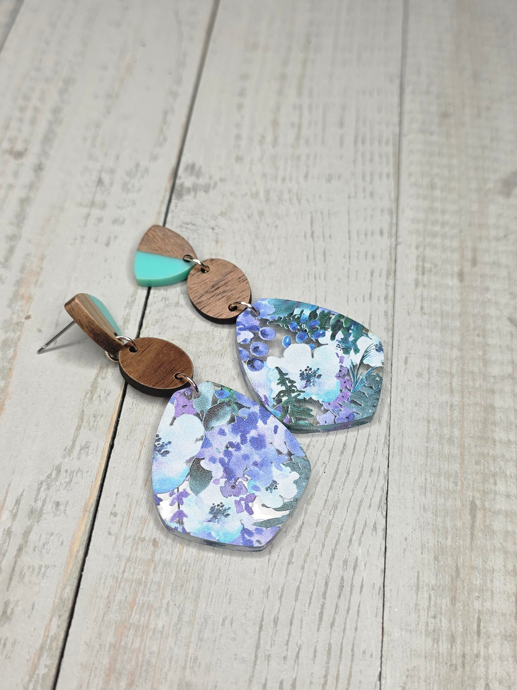 Blue Floral Acrylic & Wood Dangle Earrings