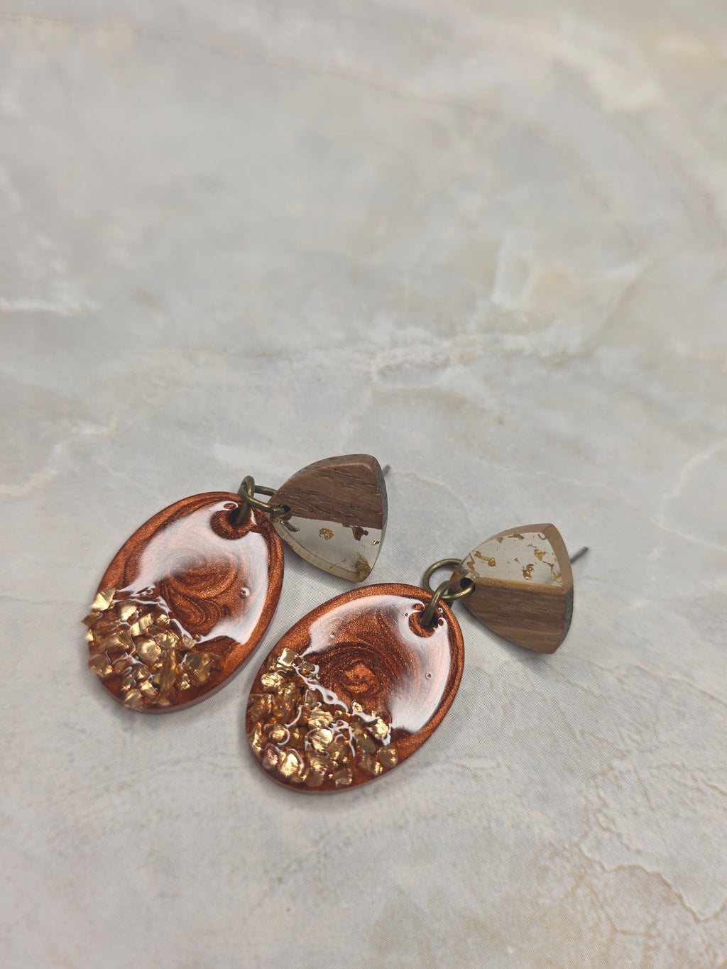 Copper drop earrings with wooden post