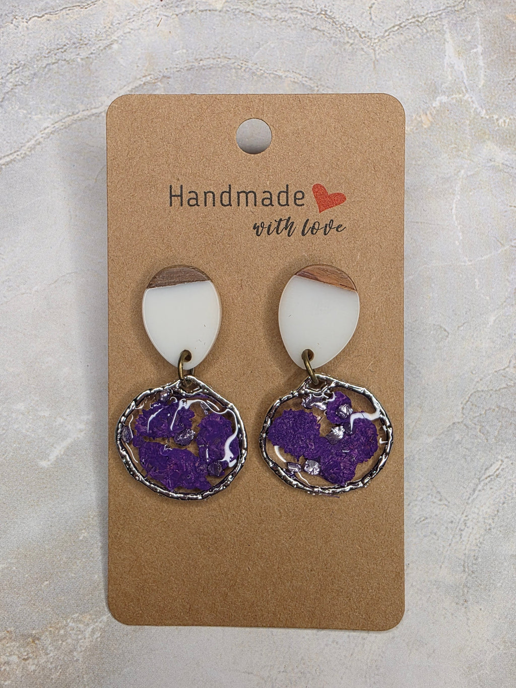 Purple Resin & Wood Dangle Earrings