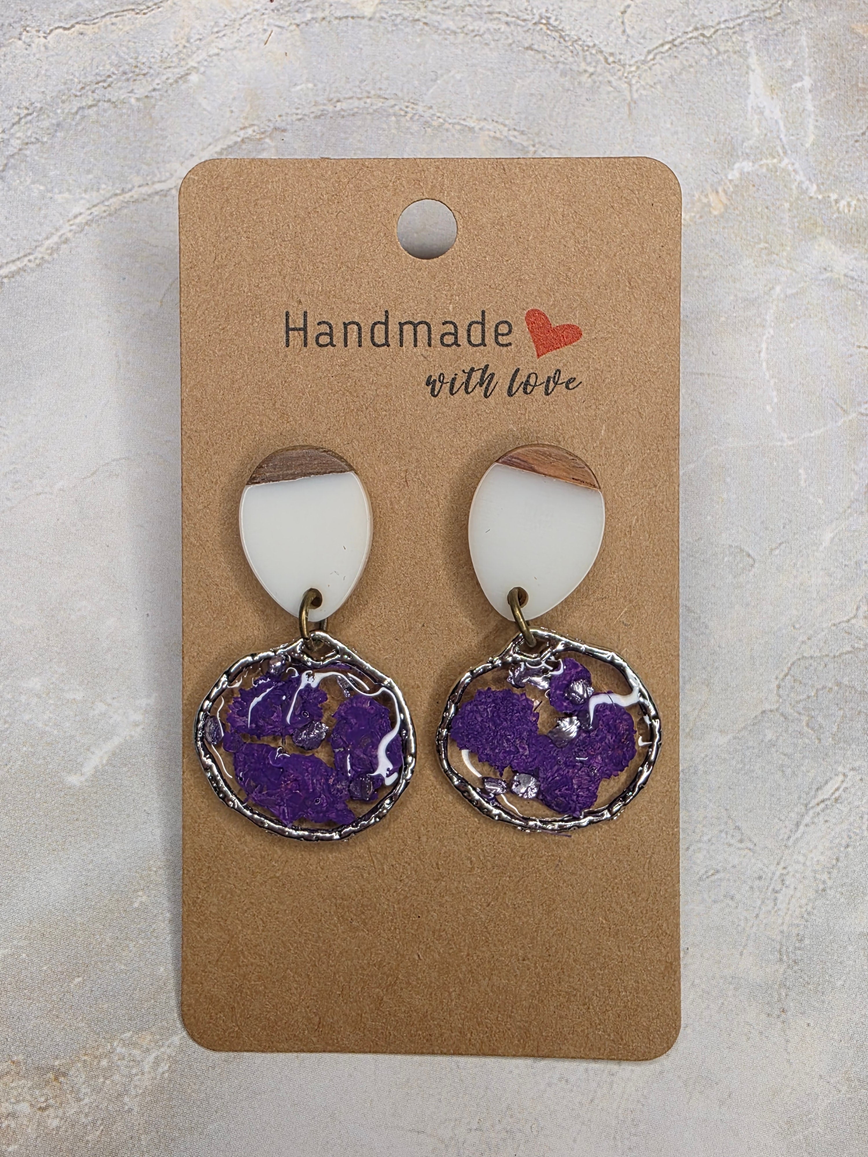 Purple Resin & Wood Dangle Earrings