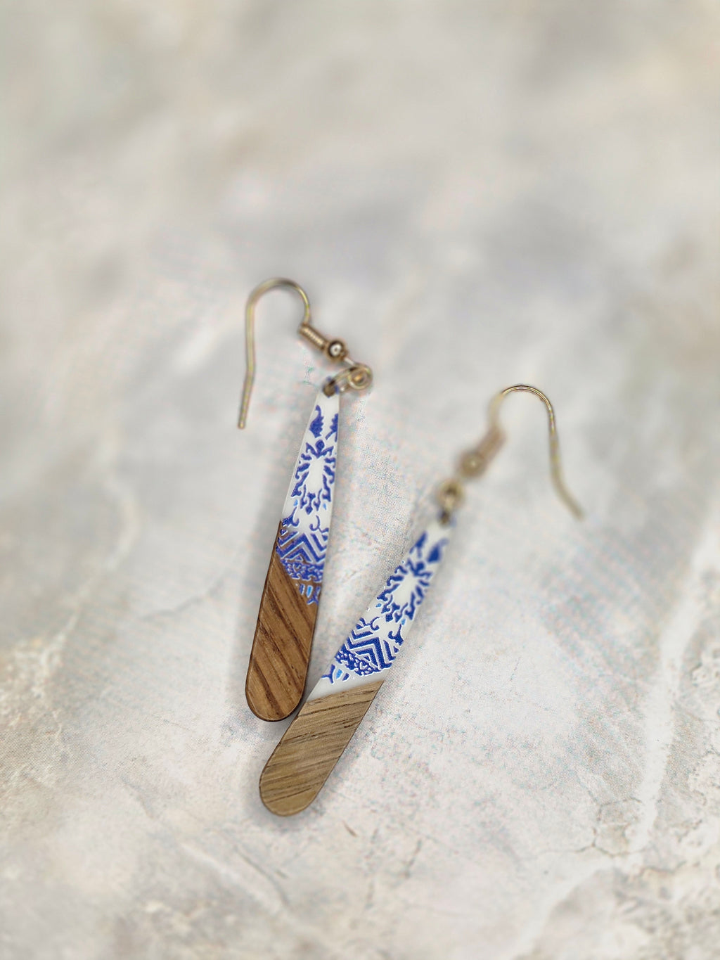 Blue Floral Wood & Resin Spike Drop Earrings