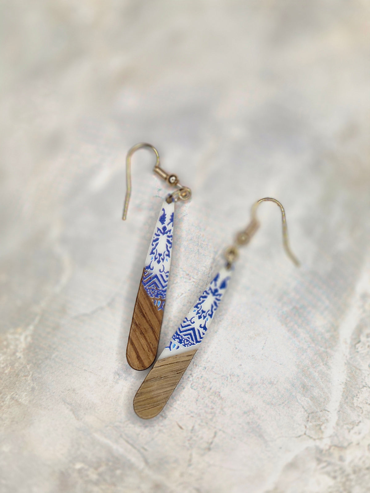 Blue Floral Wood & Resin Spike Drop Earrings