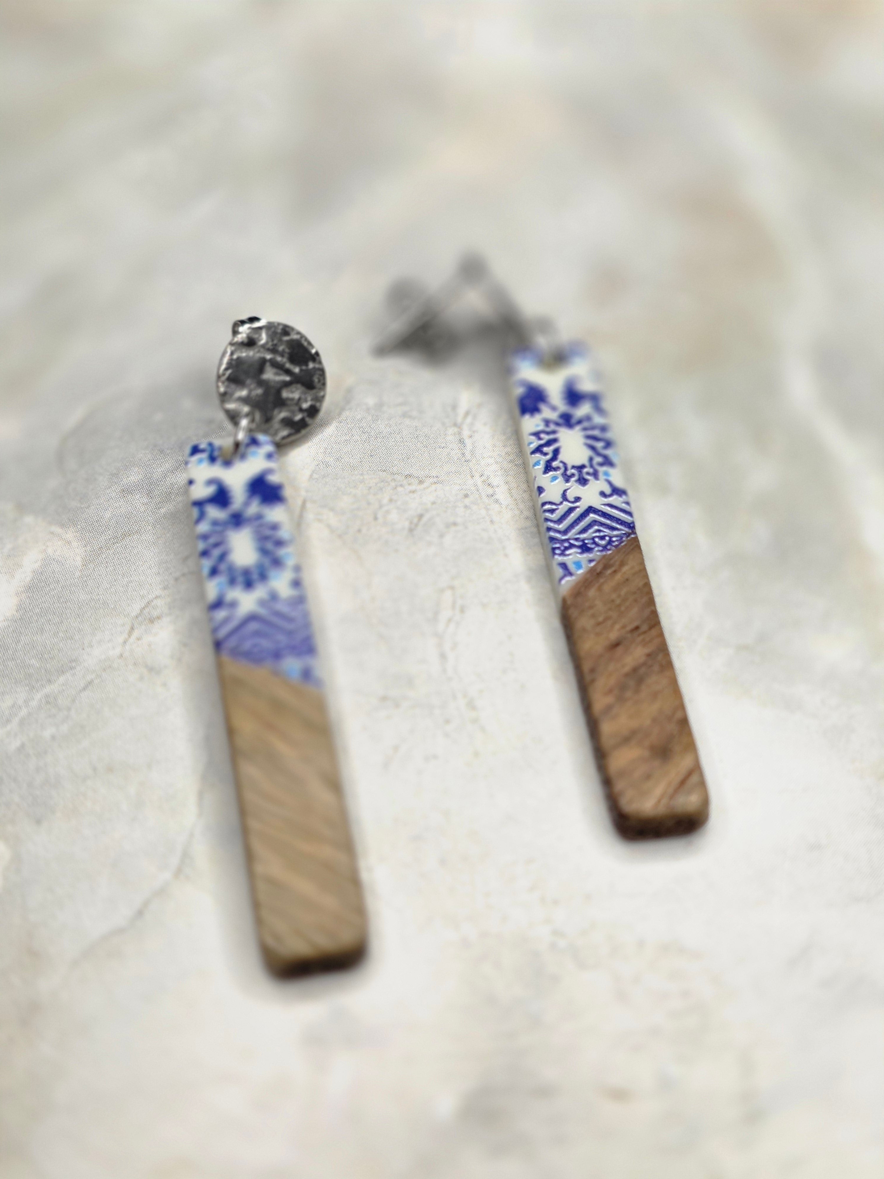 Blue Floral Wood & Resin Bar Drop Earrings