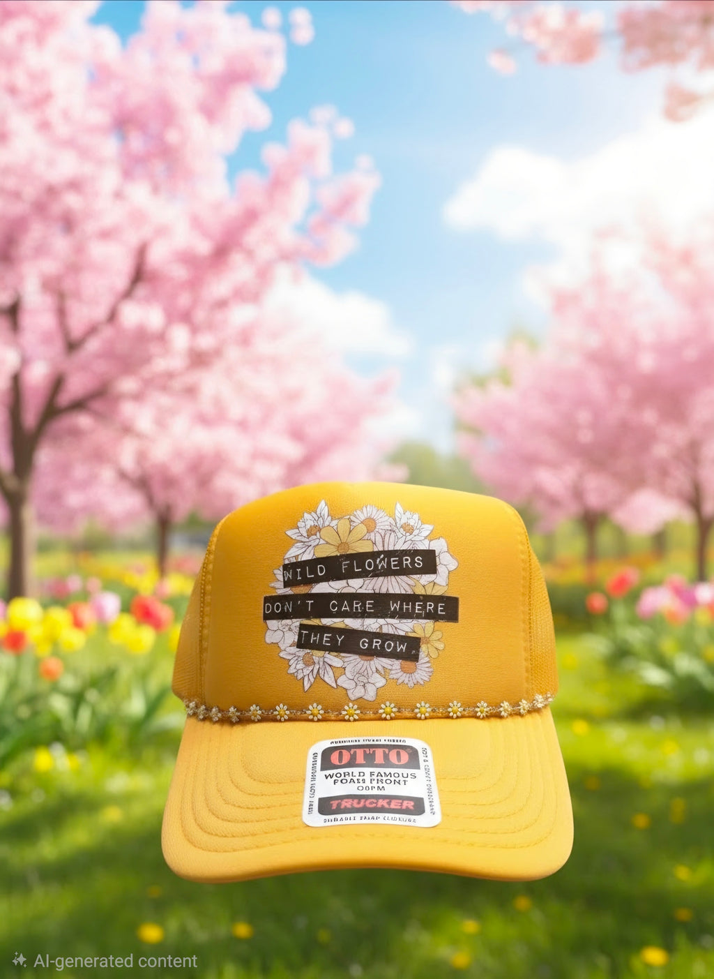 A yellow trucker hat with a floral graphic and the text 'WILD FLOWERS DON'T CARE WHERE THEY GROW' on the front, set against a blurred background of pink cherry blossom trees and a blue sky.