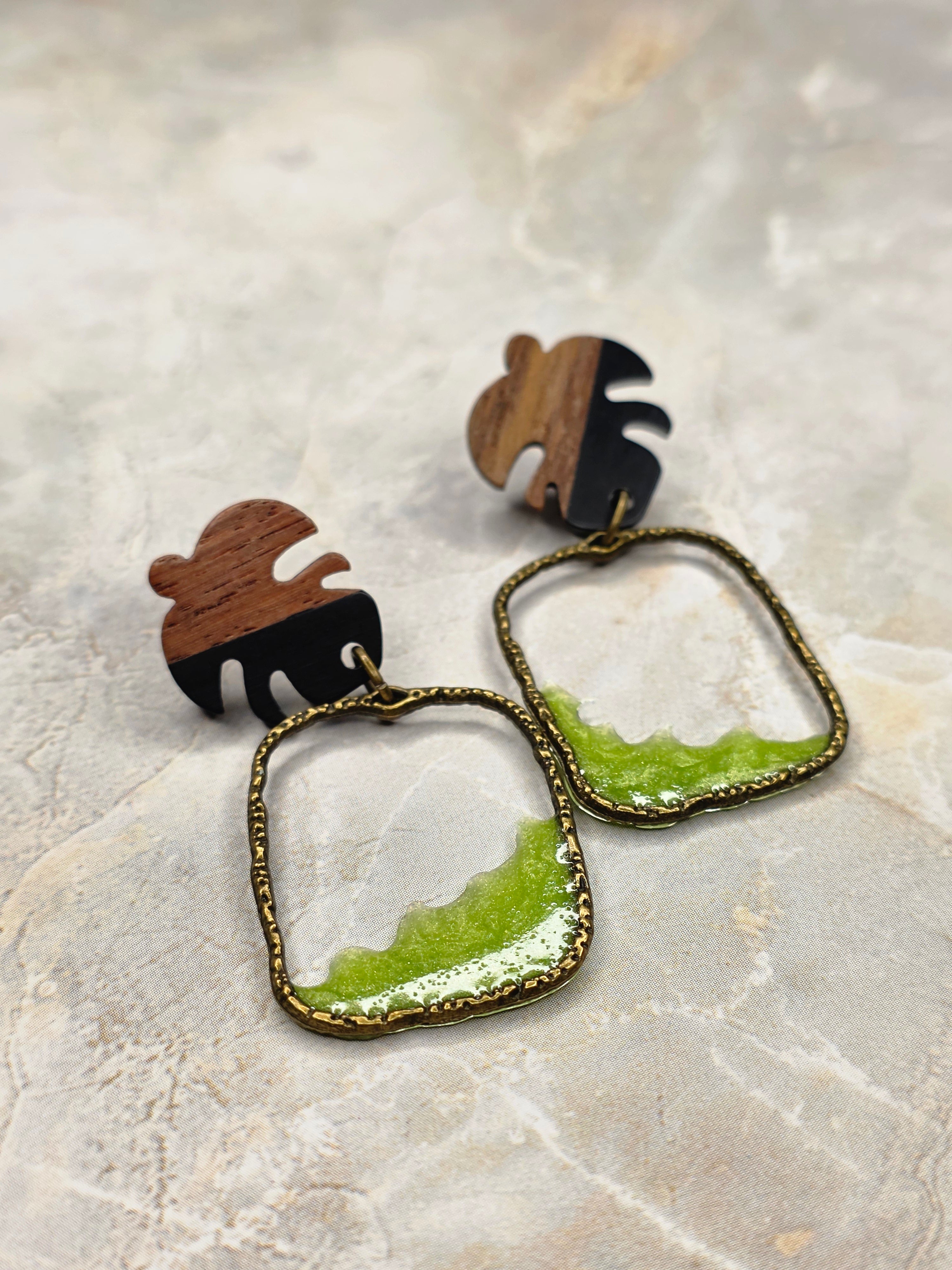 Wood & Resin Monstera Leaf Dangle Earrings |
