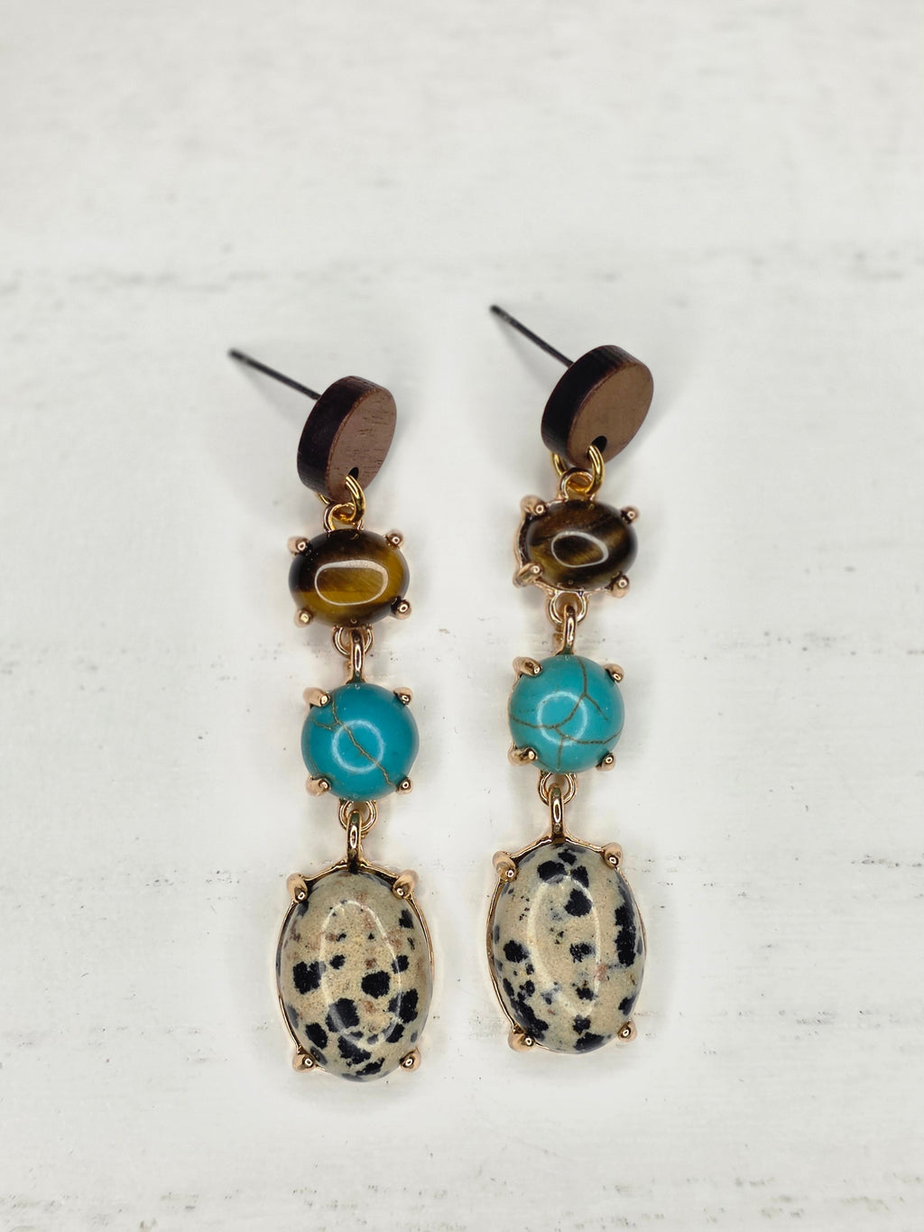 Tiger Eye, Turquoise & Dalmatian Jasper Triple Drop Earrings