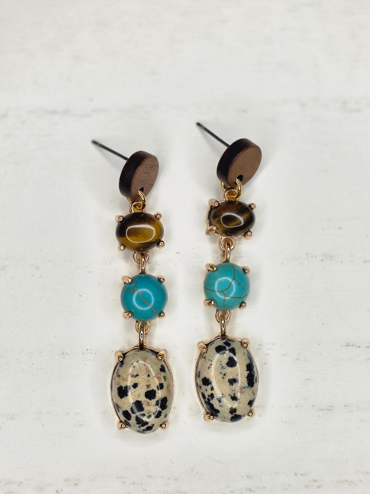 Tiger Eye, Turquoise & Dalmatian Jasper Triple Drop Earrings