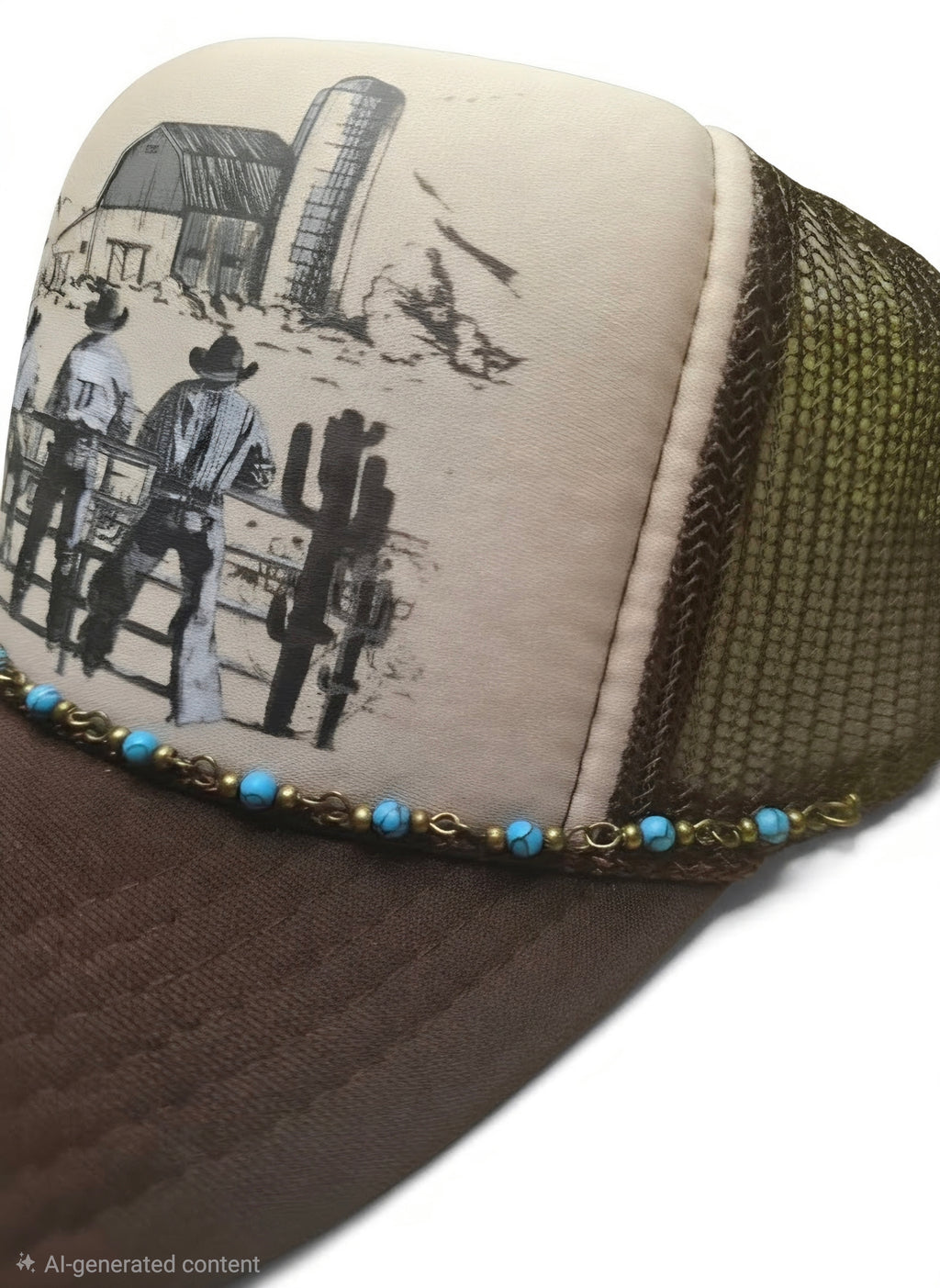 A close-up of a trucker hat featuring a cream front panel with a black-and-white western farm illustration, olive green mesh side panels, a brown brim, and a beaded brown-and-gold trim with turquoise beads.