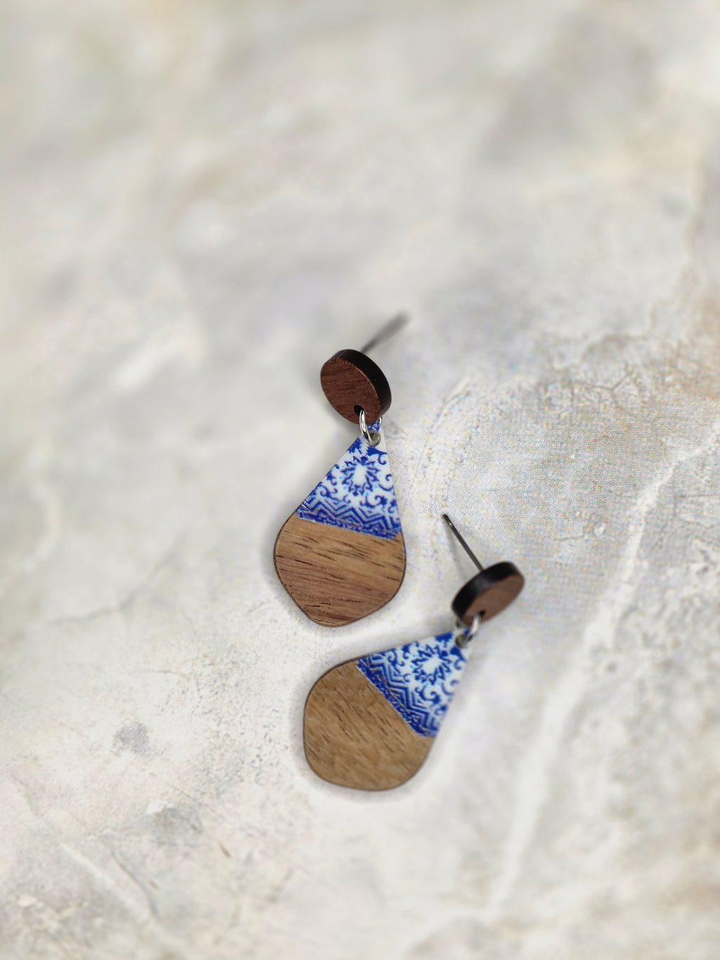 Blue Floral Wood & Resin Teardrop Earrings