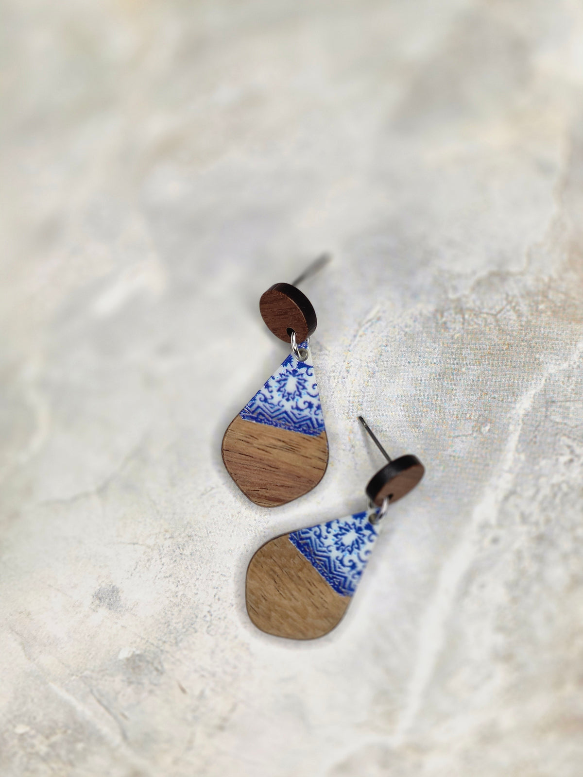 Blue Floral Wood & Resin Teardrop Earrings