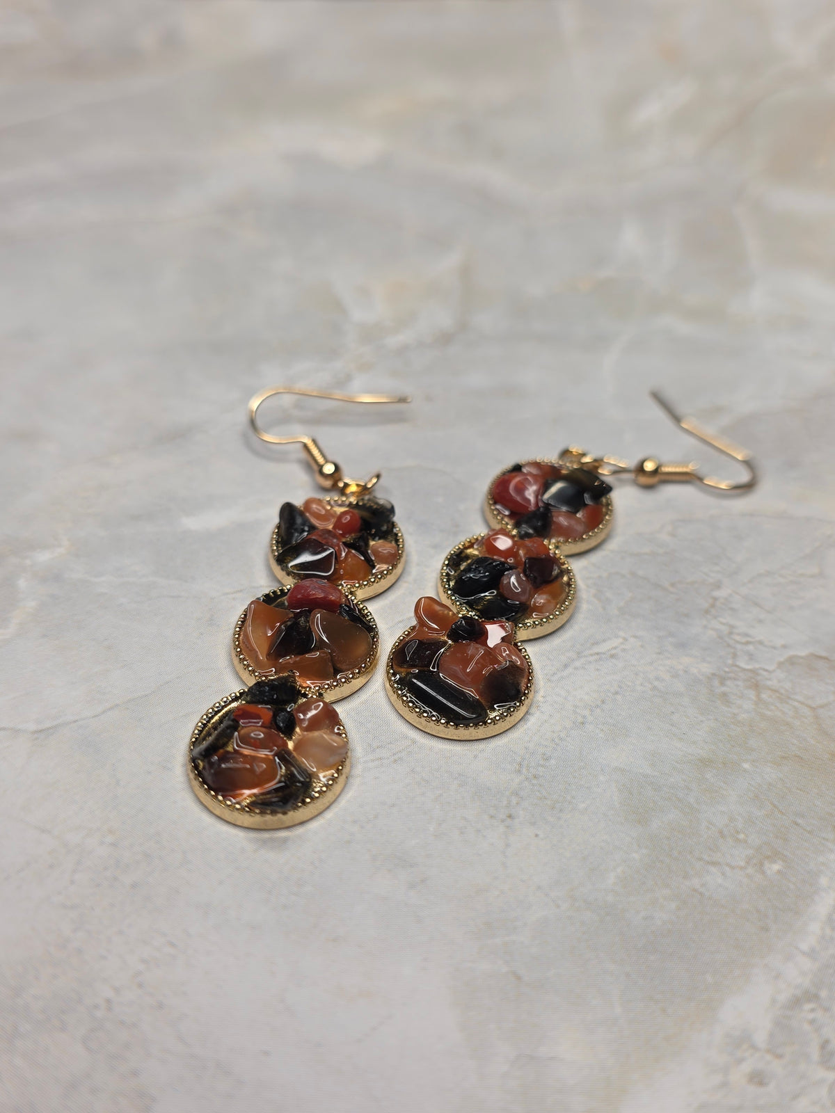Red Agate & Onyx Triple-Drop Earrings