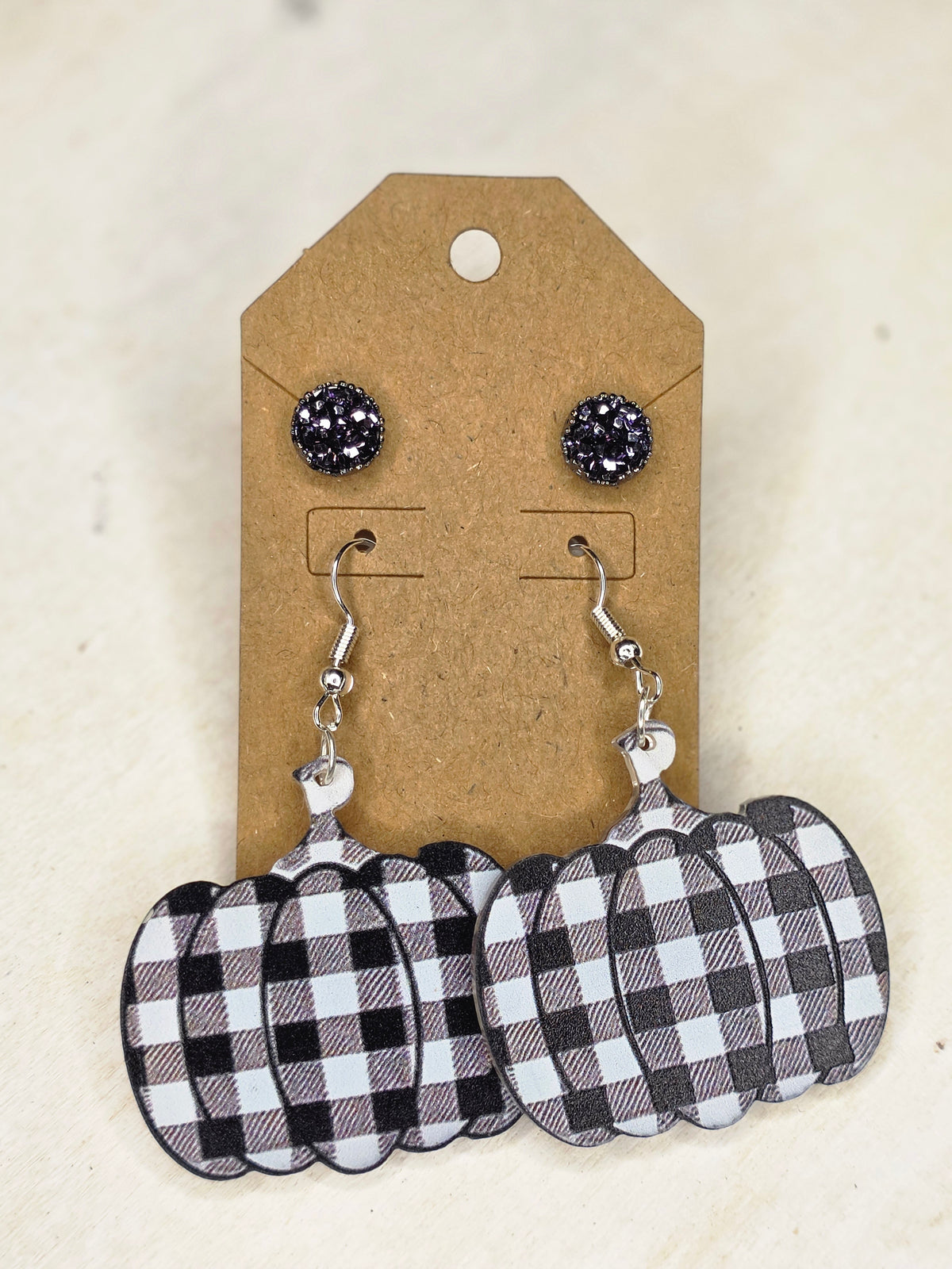 Black & White Plaid Pumpkin Earrings and Black Sparkle Stud Set