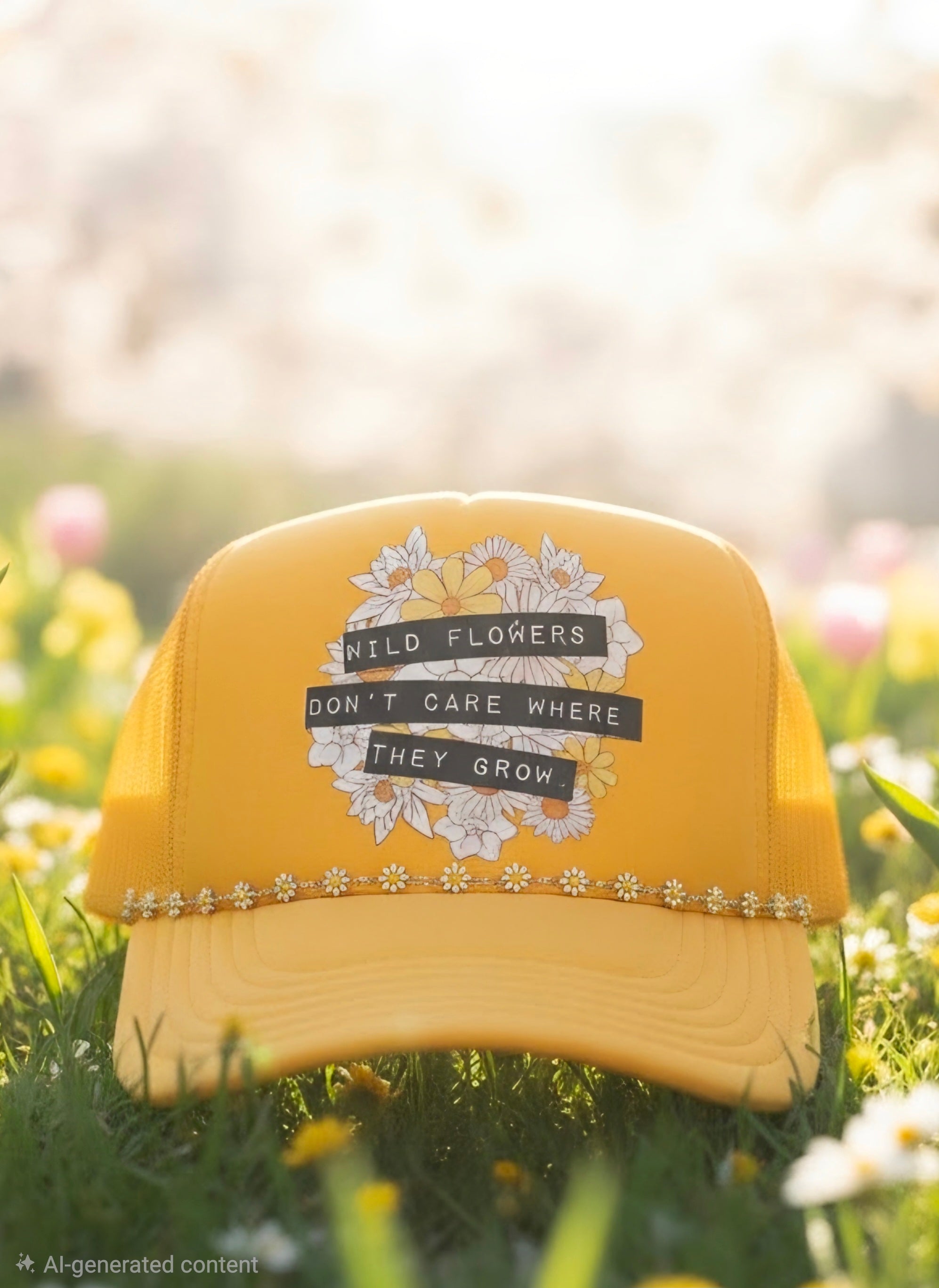 A yellow trucker hat with a floral graphic and the text 'WILD FLOWERS DON'T CARE WHERE THEY GROW' resting on a grassy field with blurred flowers in the background.