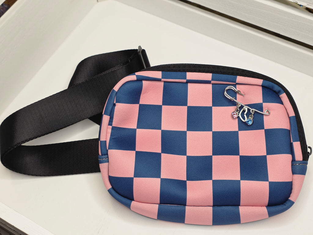 Pink & Blue Checkered Charm Crossbody Bag