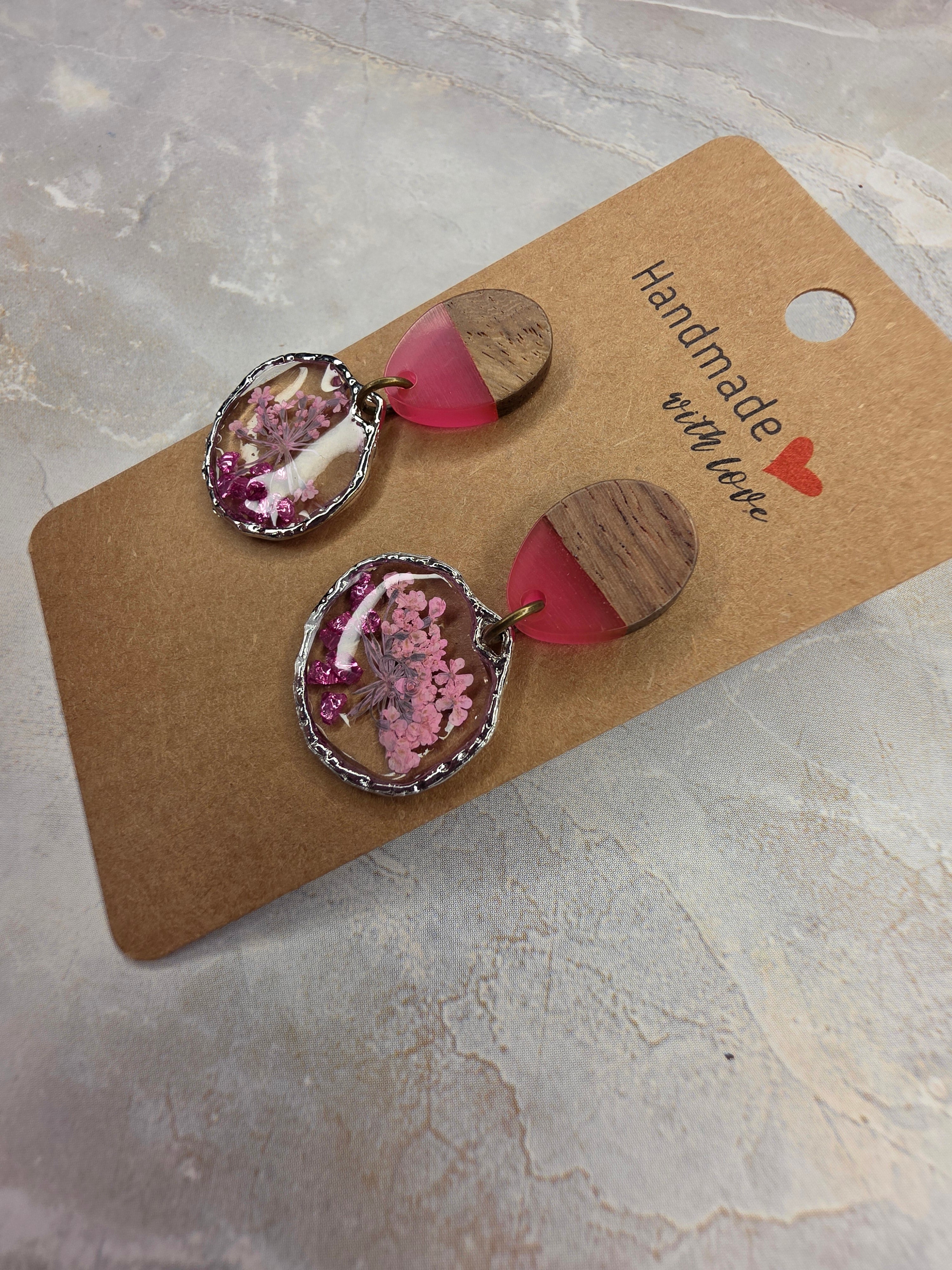 Pink Pressed Flower & Wood Dangle Earrings