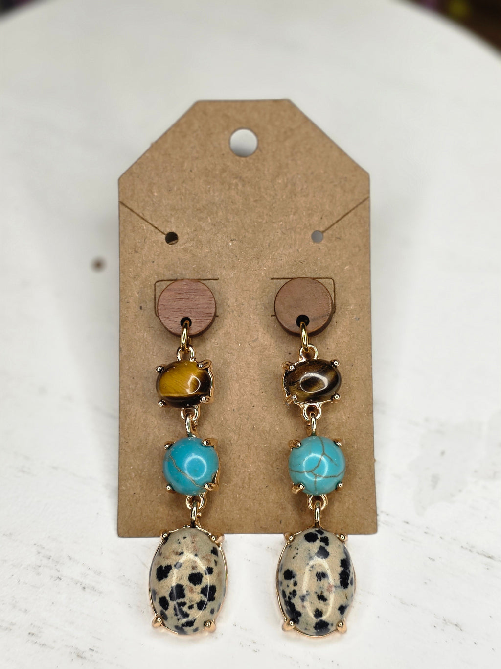 Tiger Eye, Turquoise & Dalmatian Jasper Triple Drop Earrings